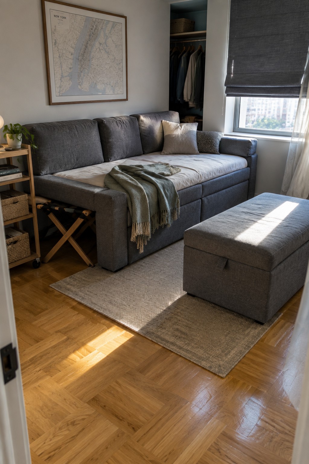 A gray fabric sofa bed with a folded throw and pillows sits next to a large matching storage ottoman on a beige rug in a room with herringbone wood floors and a window.