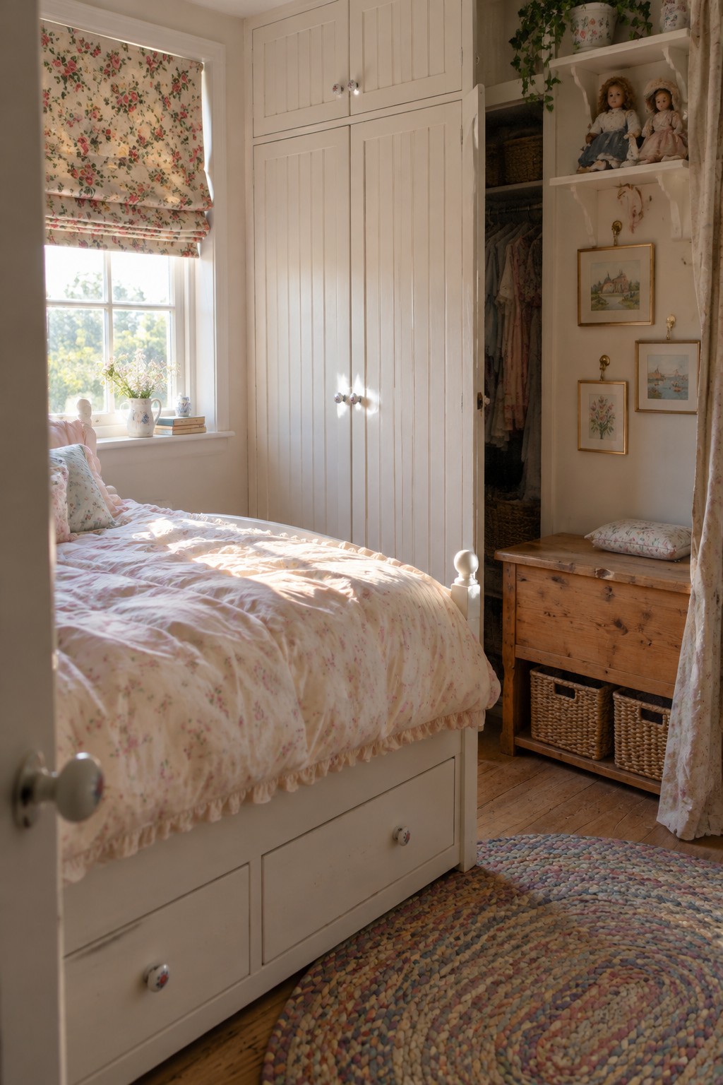 A bright child's bedroom showing a white bed with under-bed storage drawers, an open white wardrobe, and a wooden chest with woven baskets beneath open shelves holding dolls.
