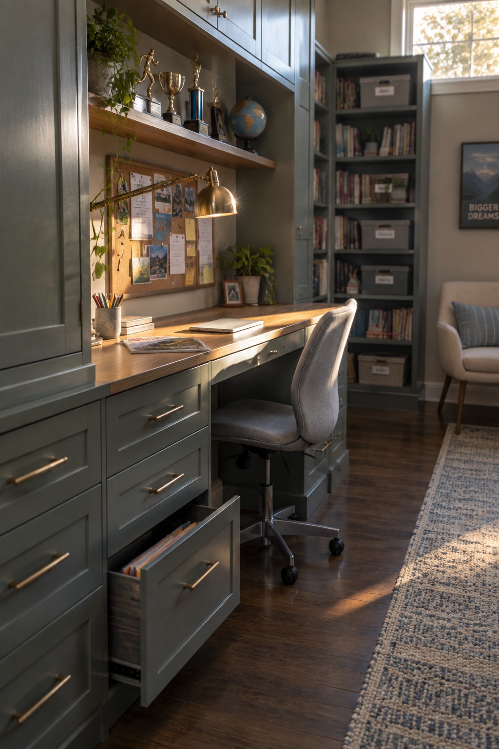 A built-in desk with gray cabinetry, multiple drawers including one open with files, a wooden top, gray office chair, and wall shelves holding books and trophies.