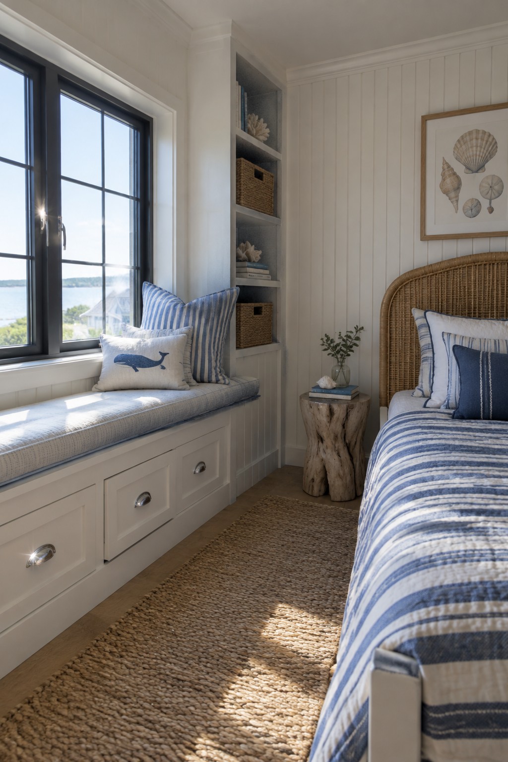 A bright kids bedroom with a white built-in window seat featuring blue cushions and storage drawers, positioned under black-framed windows next to a bed with blue striped bedding.