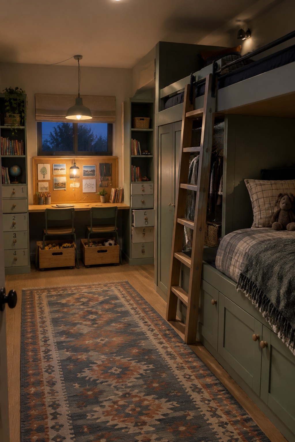 A children's bedroom with a sage green bunk bed including a wooden ladder, built-in storage drawers, and an adjacent desk area with two chairs positioned under a window.