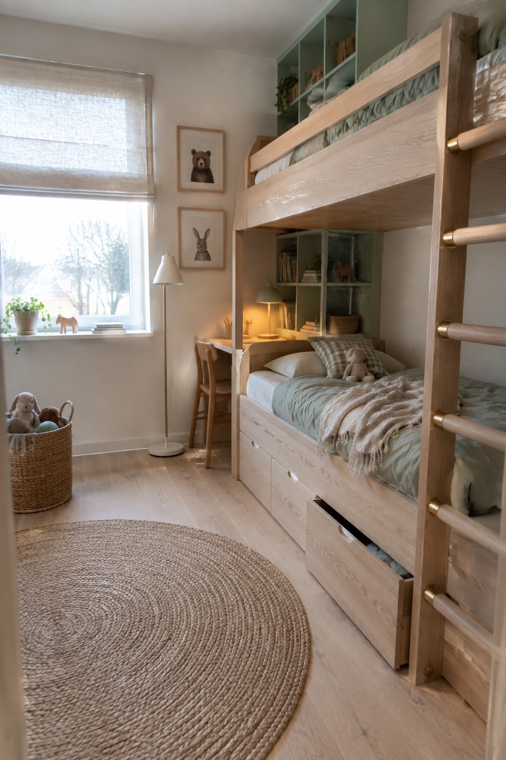 A light wood bunk bed with multiple storage drawers in a children's bedroom featuring a round jute rug, desk area, and window with a shade.
