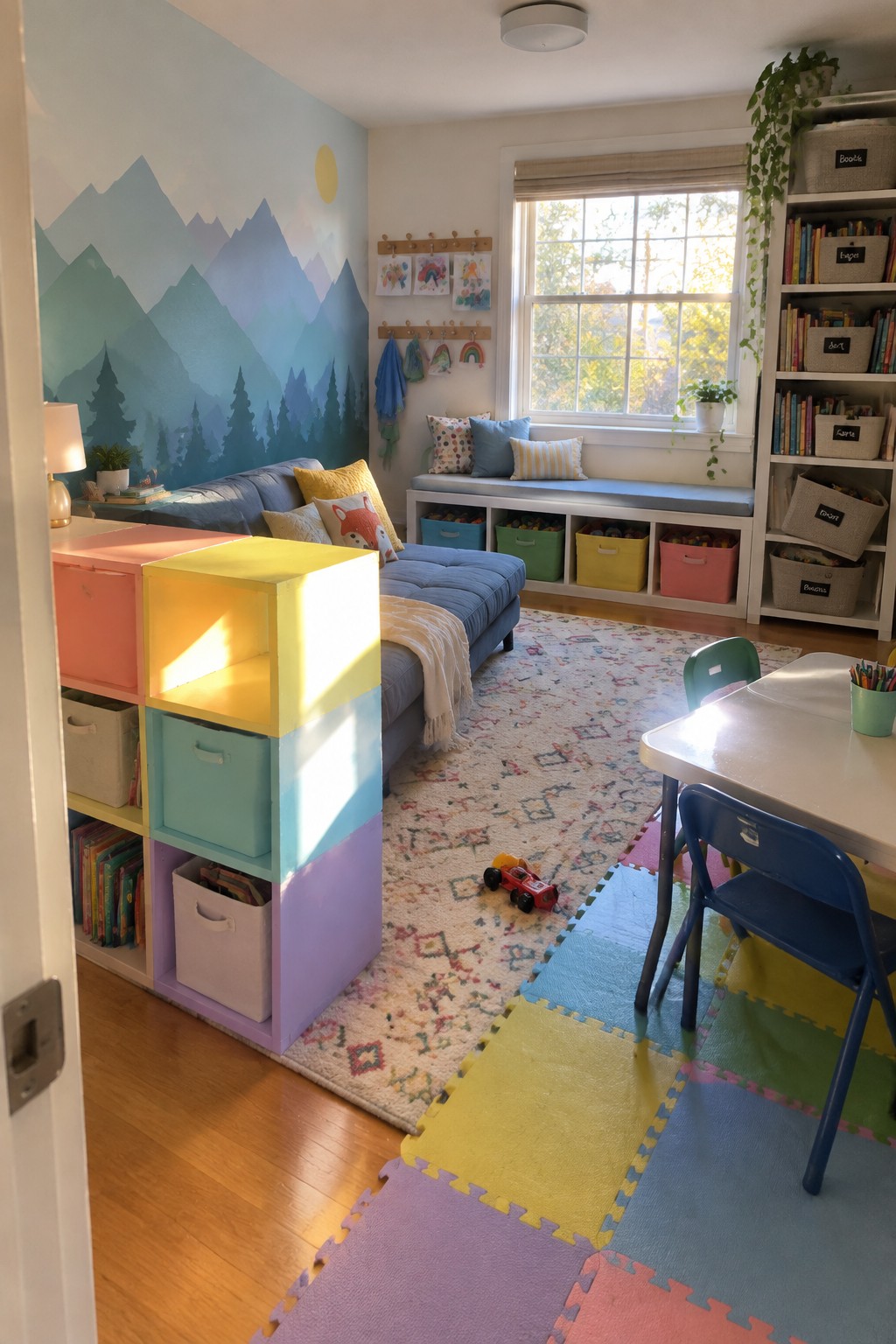 A bright kids bedroom featuring a tall stack of multicolored cube storage units with bins, a blue daybed, window seat with under-bench bins, and a patterned rug on wood floors.