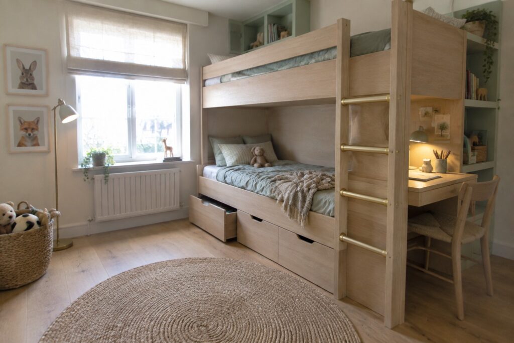 18 Kids Bedroom Furniture Ideas With Practical Storage Pieces A light wood bunk bed with multiple storage drawers in a children's bedroom featuring a round jute rug, desk area, and window with a shade.