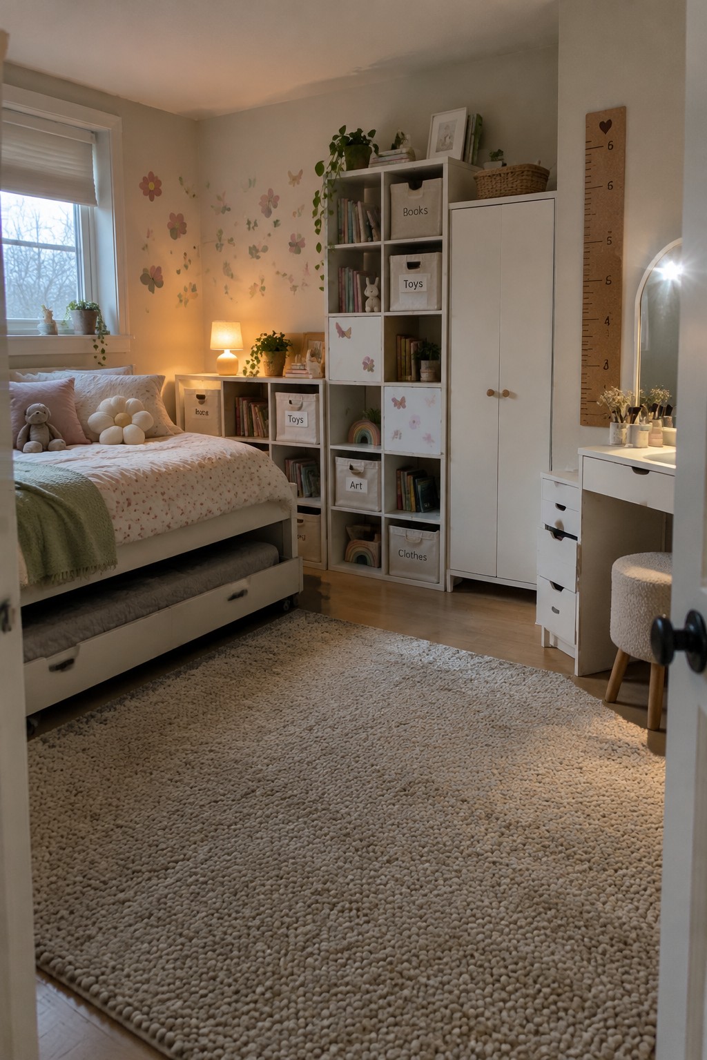 A child's bedroom featuring a white cubby-style shelving unit with labeled fabric bins for books, toys, art, and clothes, alongside a bed with under-bed drawers and a white wardrobe.