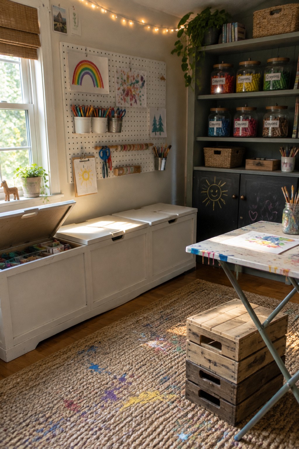 A bright kids craft room with three white lidded storage benches along the wall, one open to show divided compartments filled with art supplies, a pegboard above, and stacked wooden crates in the foreground.