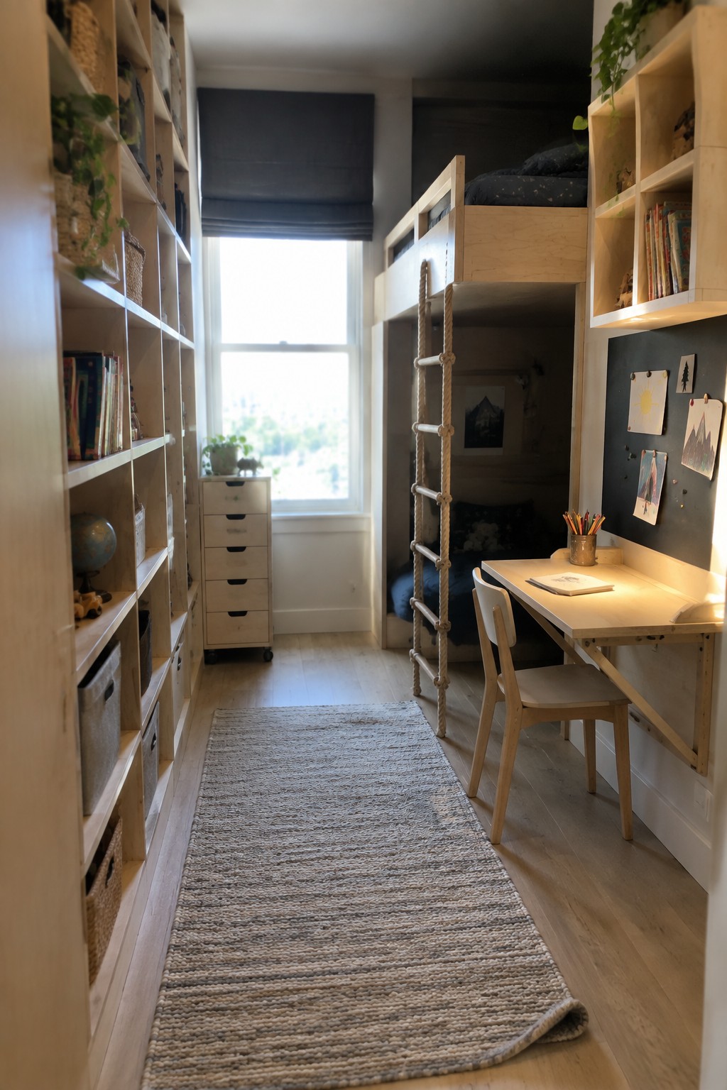 Cozy narrow bedroom with loft bed, rope ladder, wooden desk, shelves, and woven rug.