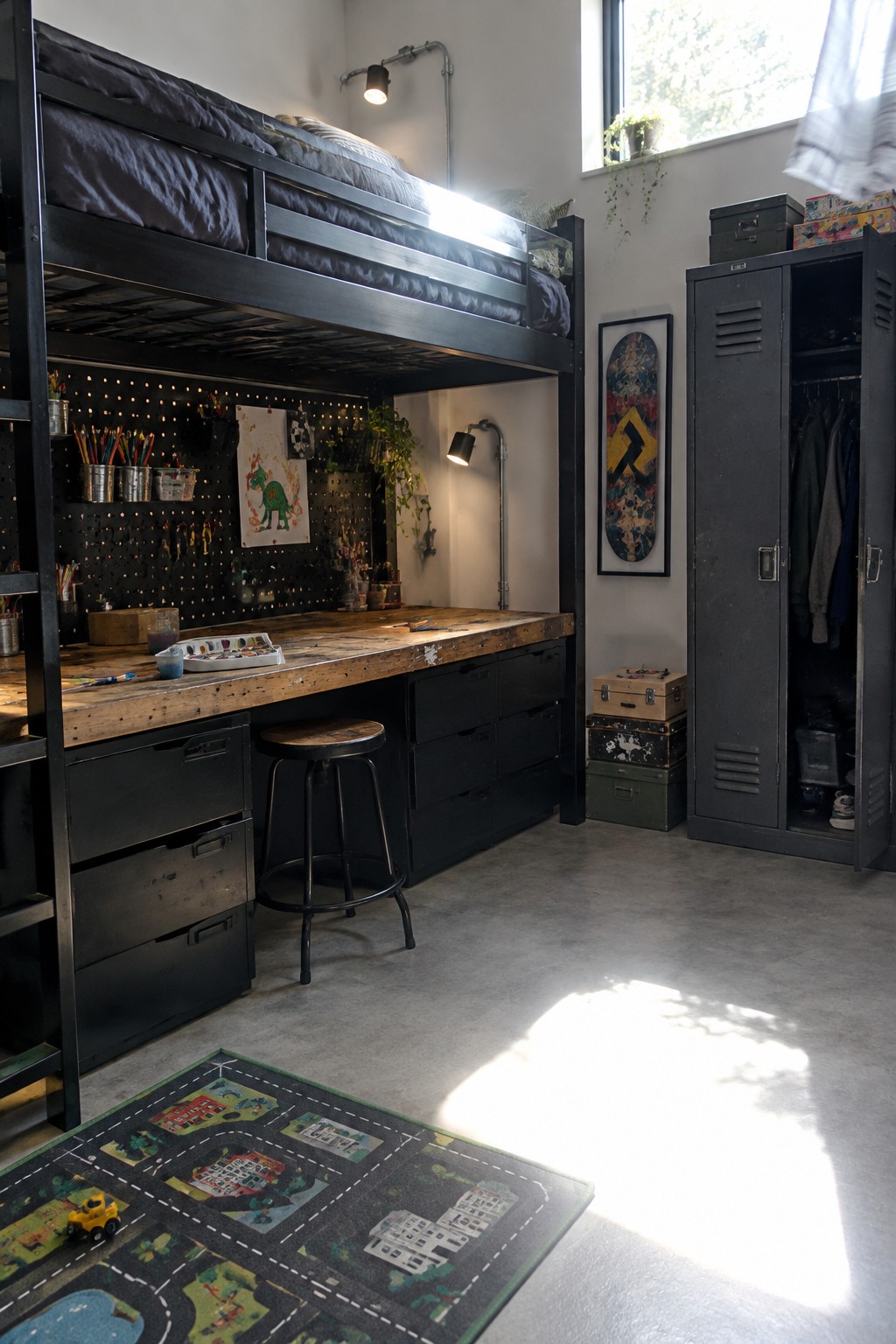 A child's bedroom featuring a black metal loft bed above a wooden desk with black storage drawers, a pegboard wall organizer, lockers, and a road-themed play mat on the concrete floor.