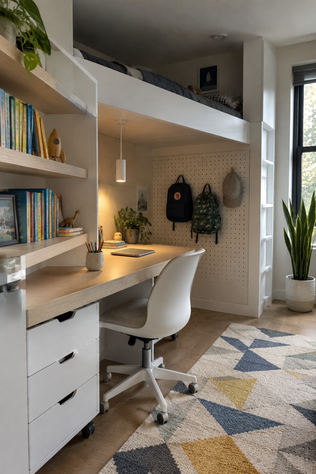 Modern loft bed above wooden desk with white chair, pegboard, and geometric rug