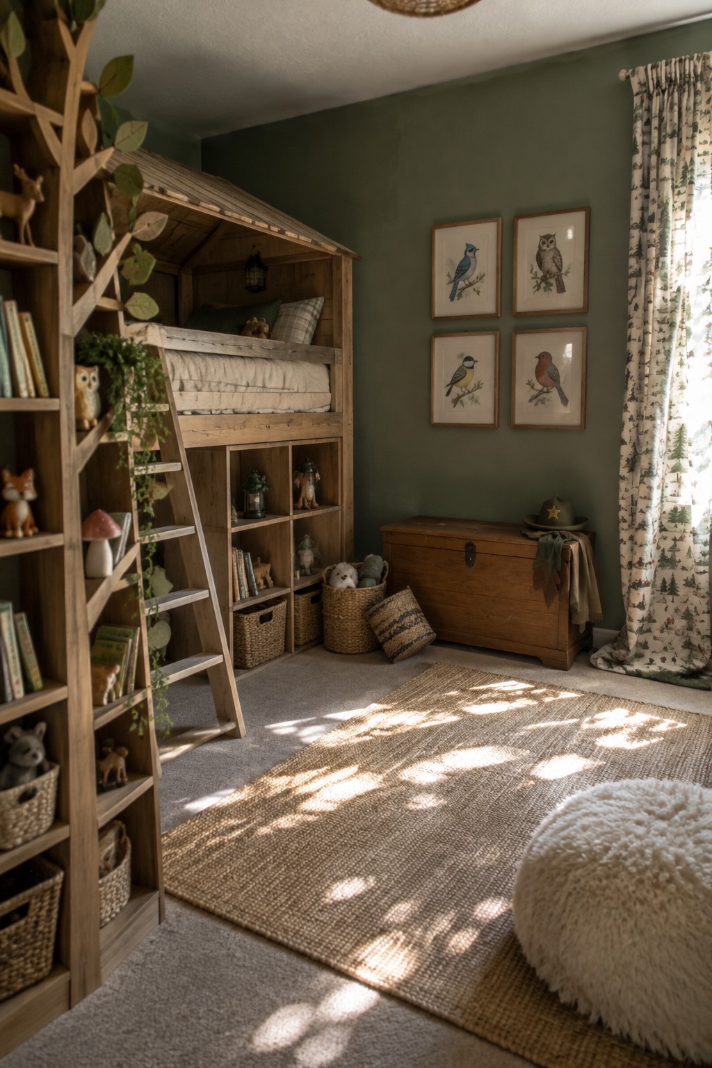 Cozy woodland kids room with wooden loft bed, bird art, and sunlit jute rug