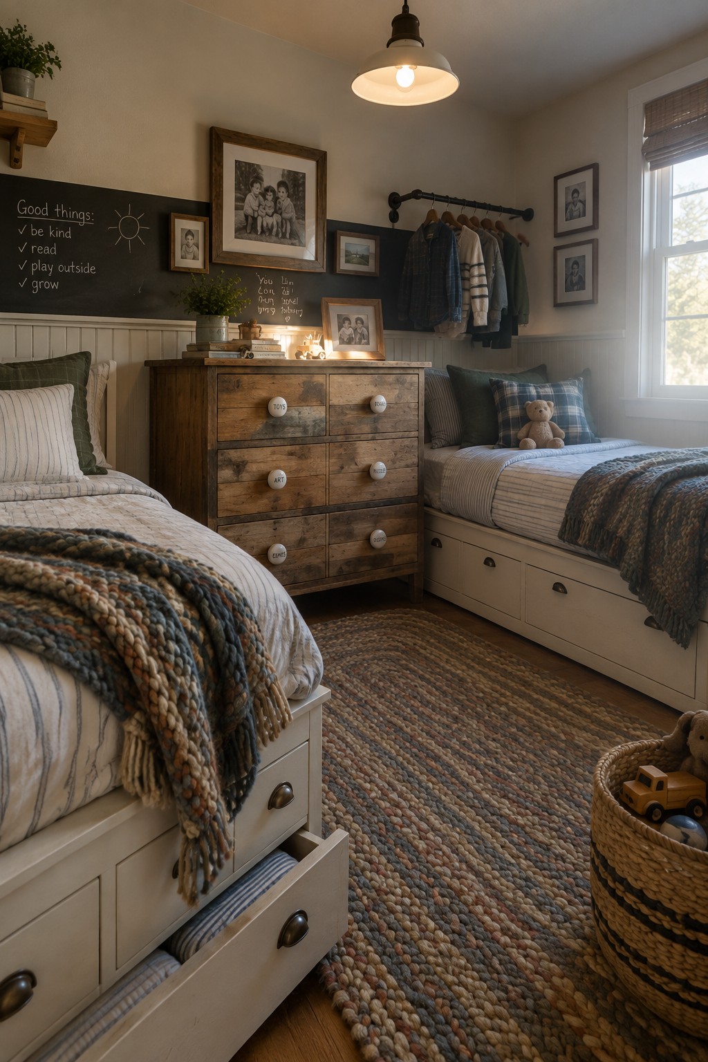 A kids bedroom with two twin beds, a wooden dresser with multiple drawers between them, and under-bed storage visible on the left bed.