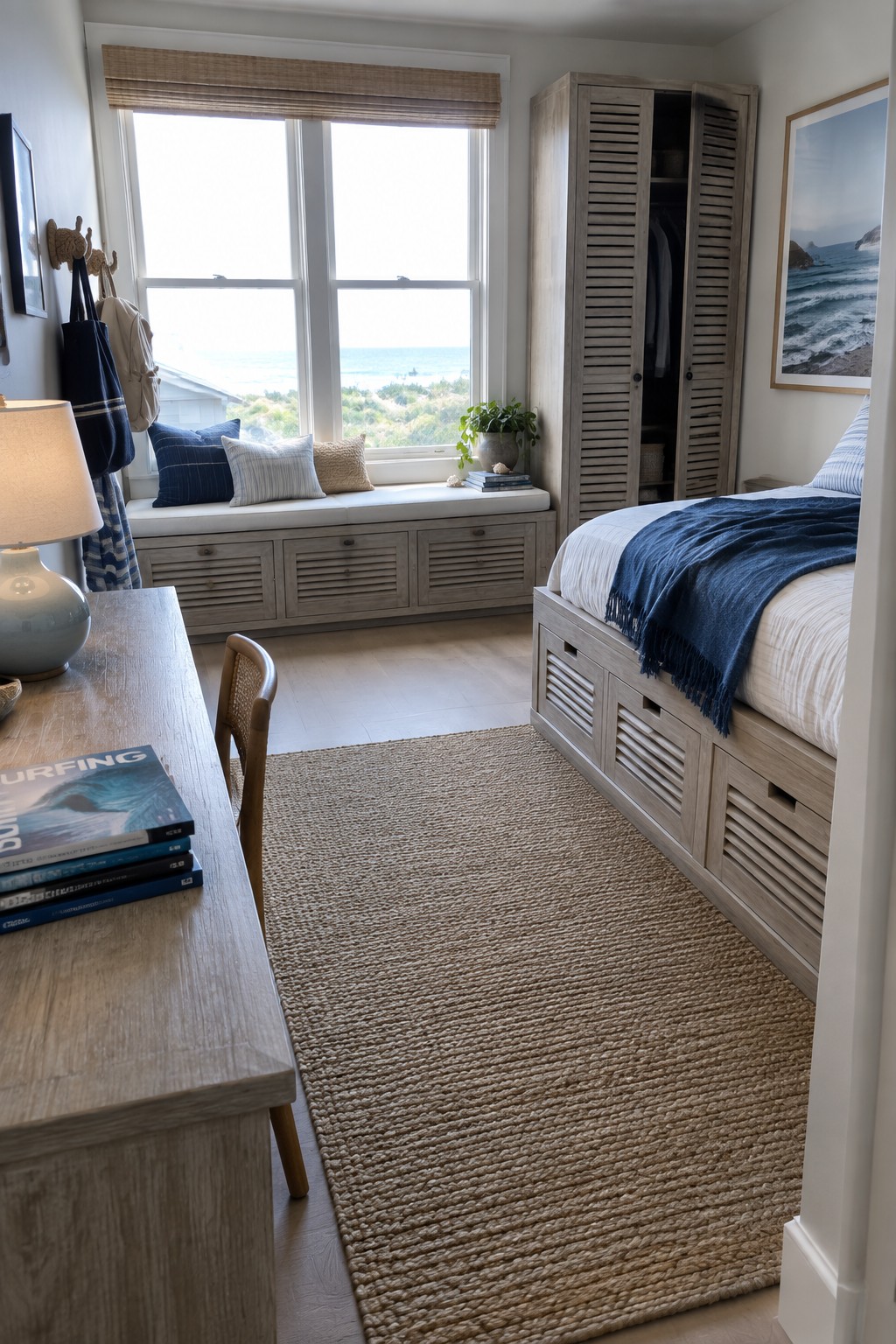 Coastal bedroom with ocean-view window seat, storage bed, woven rug, and desk