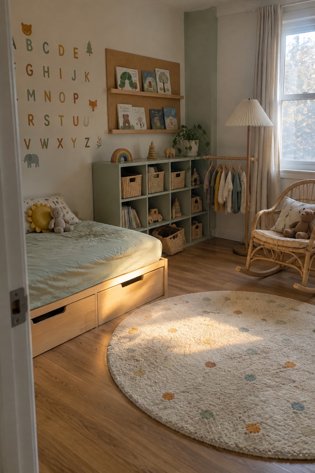 A child's bedroom with a low wooden bed featuring under-bed storage drawers, a sage green cube storage unit with baskets, a clothing rack, and a round rug on wood flooring.