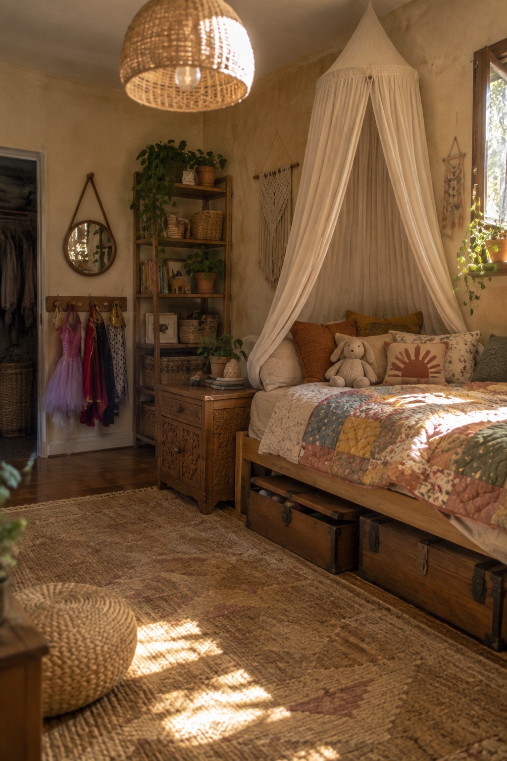 A child's bedroom featuring a wooden bed with two storage trunks underneath, a patchwork quilt, a white canopy, and woven rugs on the floor.