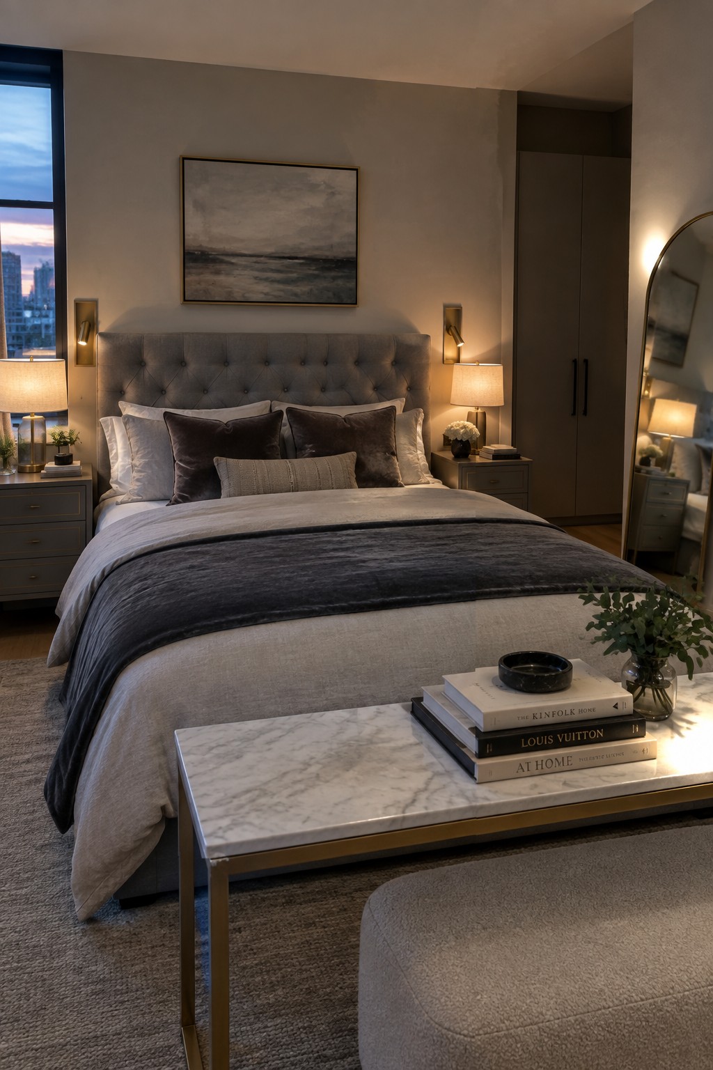 Luxury bedroom with gray tufted bed, marble coffee table, books, and soft lighting