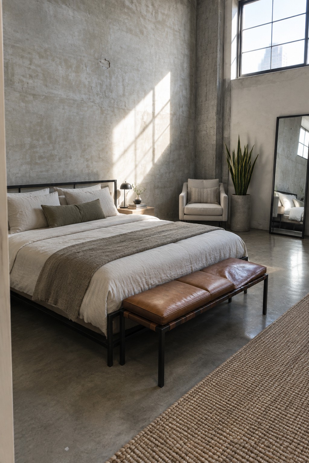 Minimalist loft bedroom with concrete walls, linen bed, leather bench, and sunlight beams.