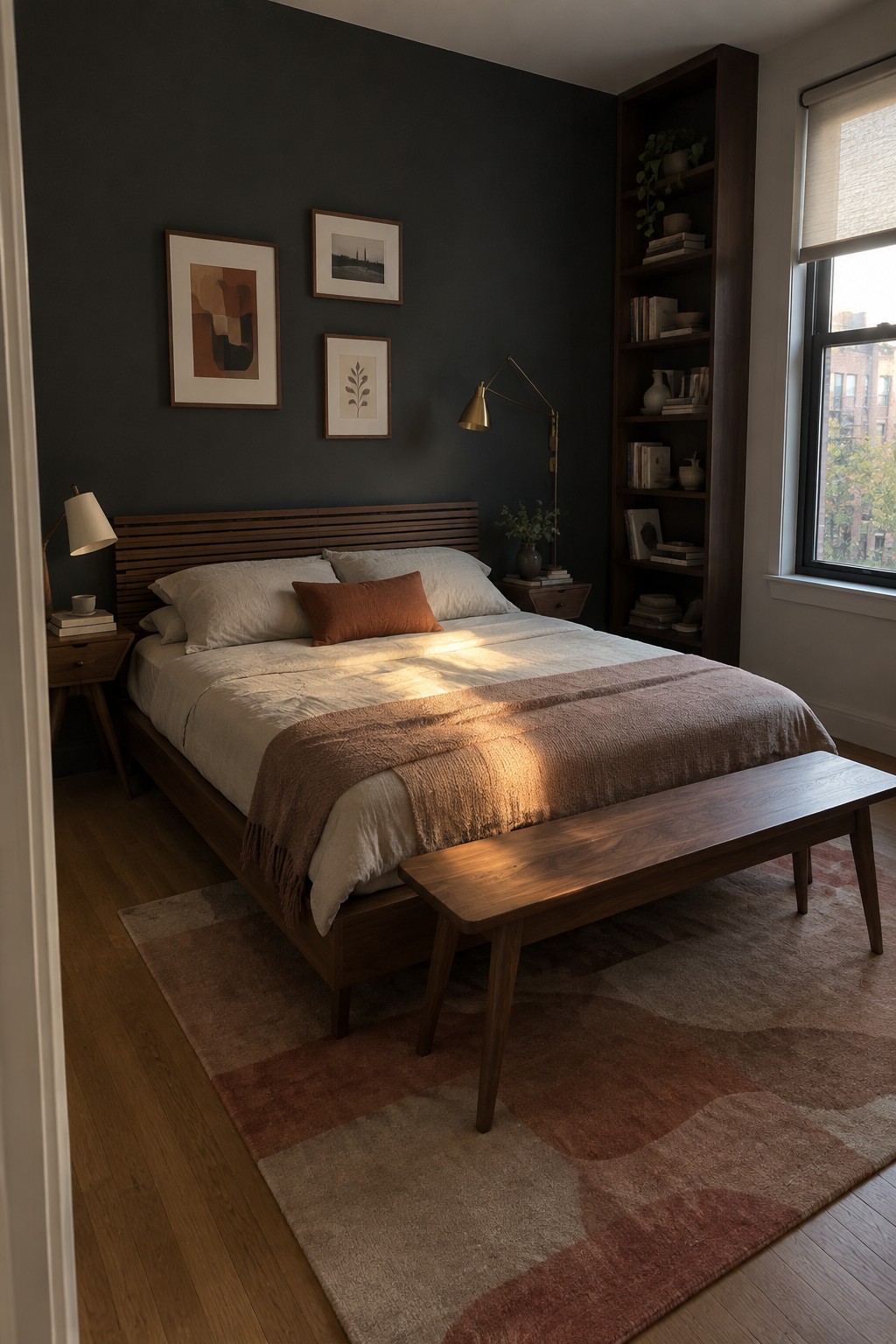 A bedroom with a wooden platform bed, a bench at the foot of the bed, dark walls, framed art above the bed, a tall wooden bookshelf, and a window on the right.