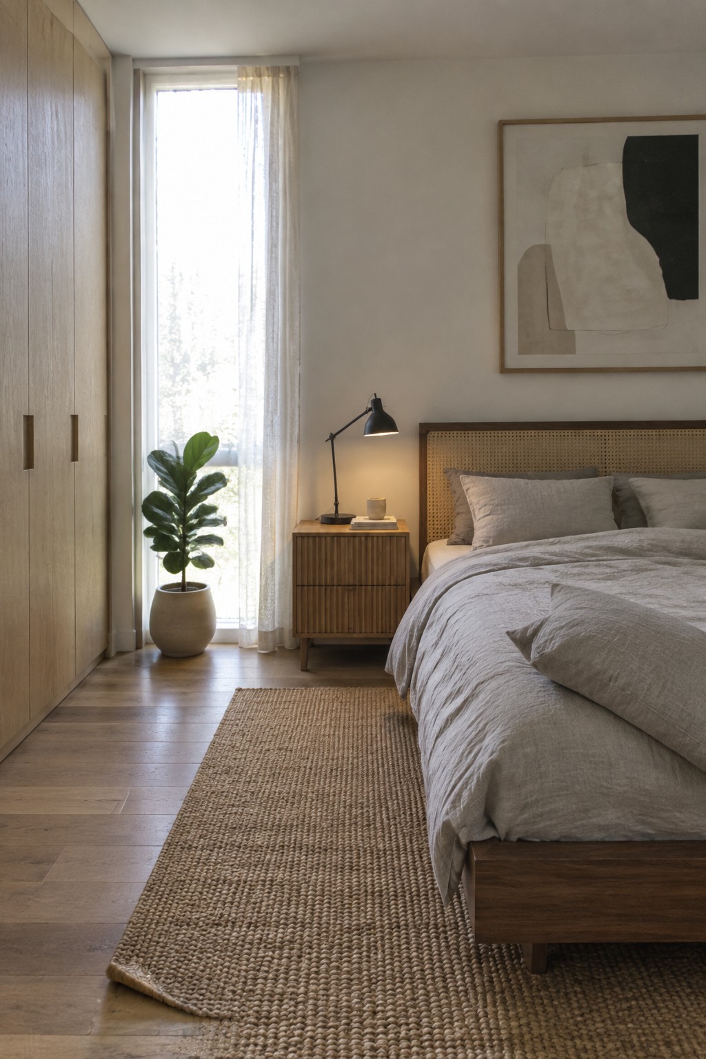 A bedroom with a wooden bed frame and cane headboard, light gray linen bedding, a ribbed wood nightstand with a black lamp, a tall light wood wardrobe, and a potted fiddle leaf fig near a window with sheer curtains.