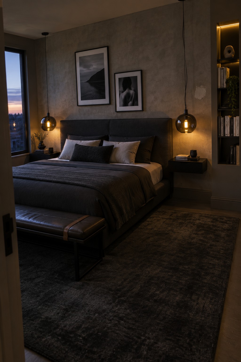 Dark modern bedroom with upholstered bed, pendant lights, framed art, and leather bench.