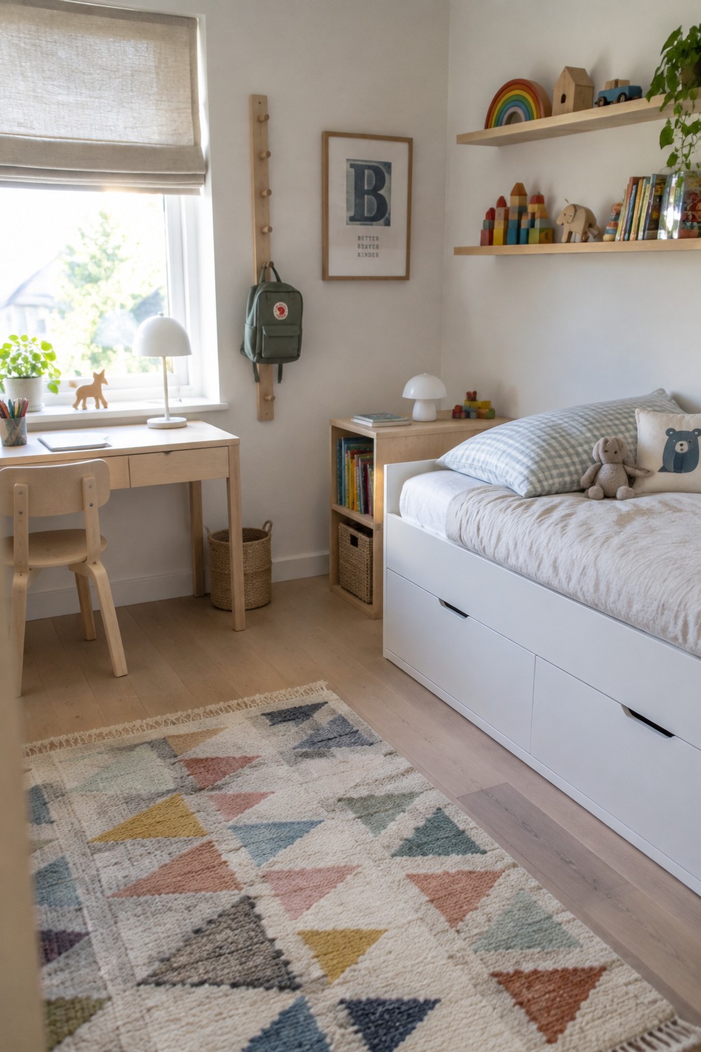 A child's bedroom with a white platform bed that has under-bed storage drawers, a light wood desk and chair near a window, a colorful geometric rug, and two floating shelves above the bed holding toys and books.