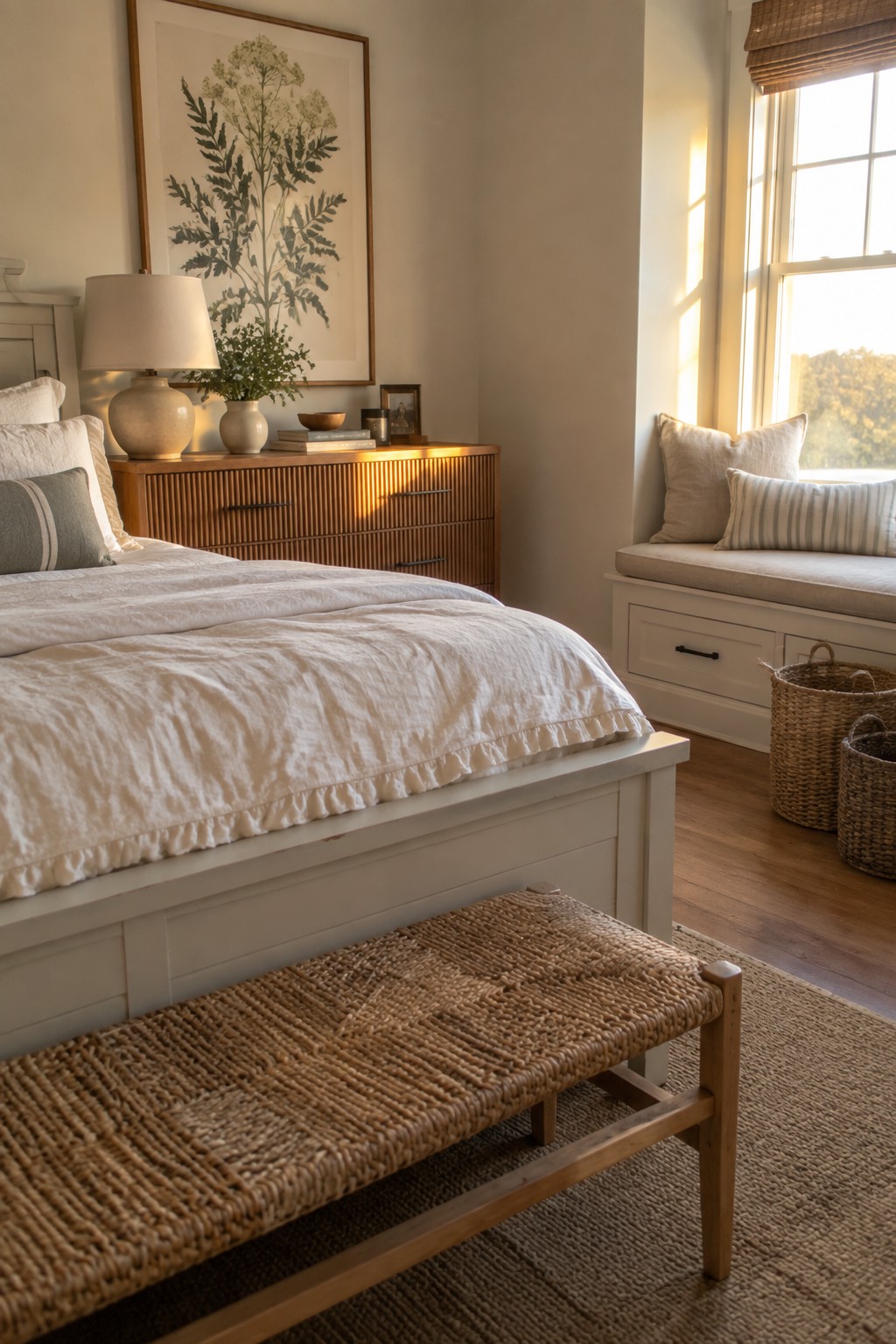A bedroom featuring a white bed with rumpled linens, a woven bench at the foot, a wooden dresser against the wall, and a window seat with pillows.