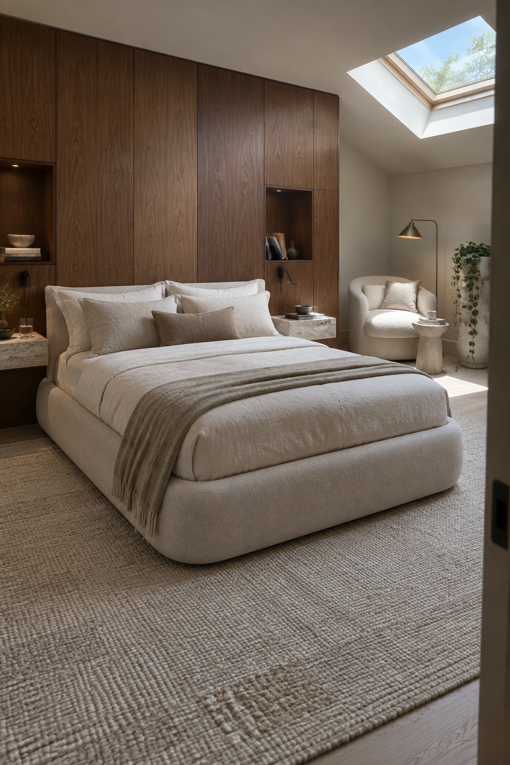 A modern bedroom with a low upholstered bed in neutral tones centered against a full-height dark wood built-in cabinetry wall, skylight above.