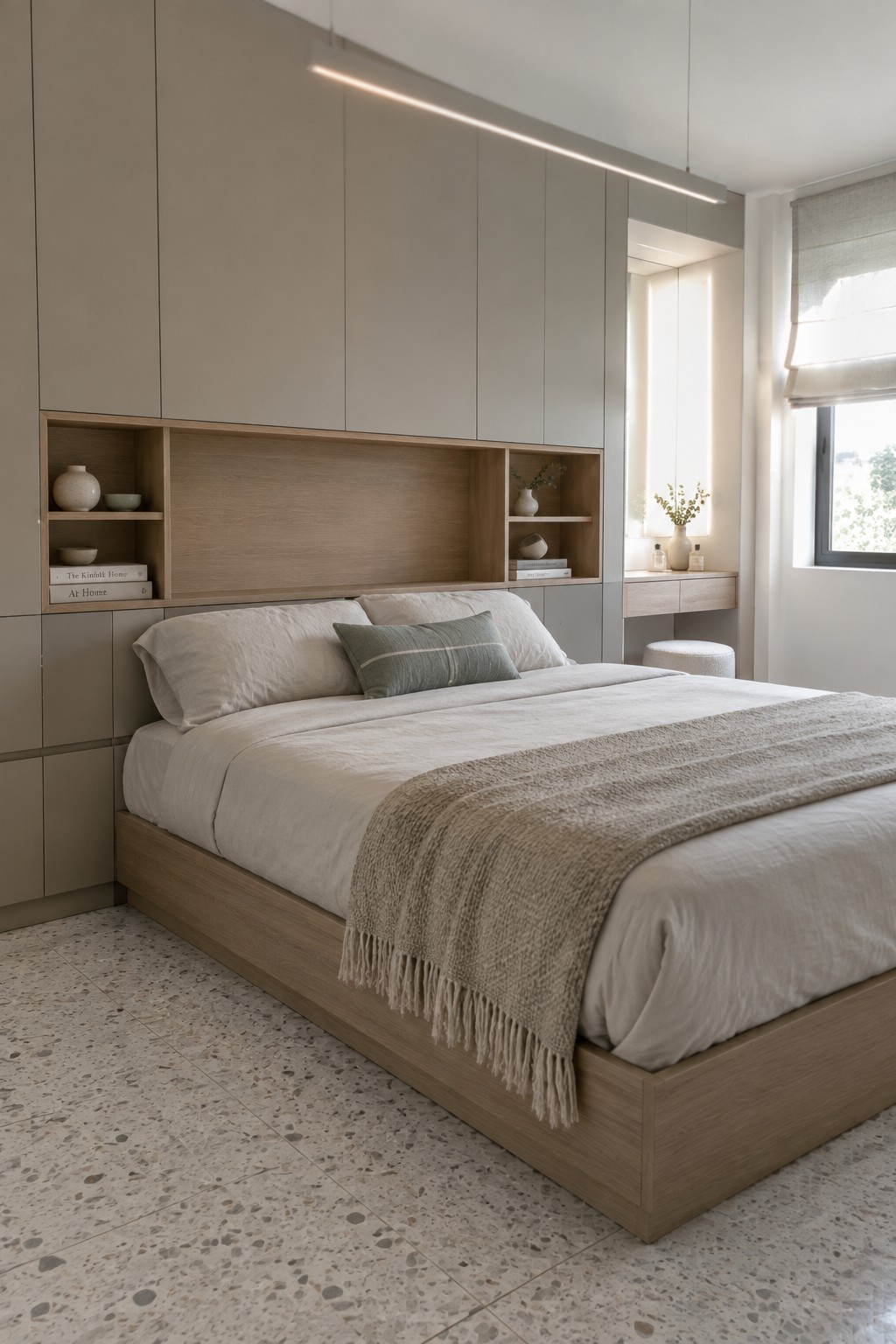 A modern bedroom with a low wooden platform bed dressed in white linens and a beige throw, set against a wall of built-in light wood cabinetry and open shelving.