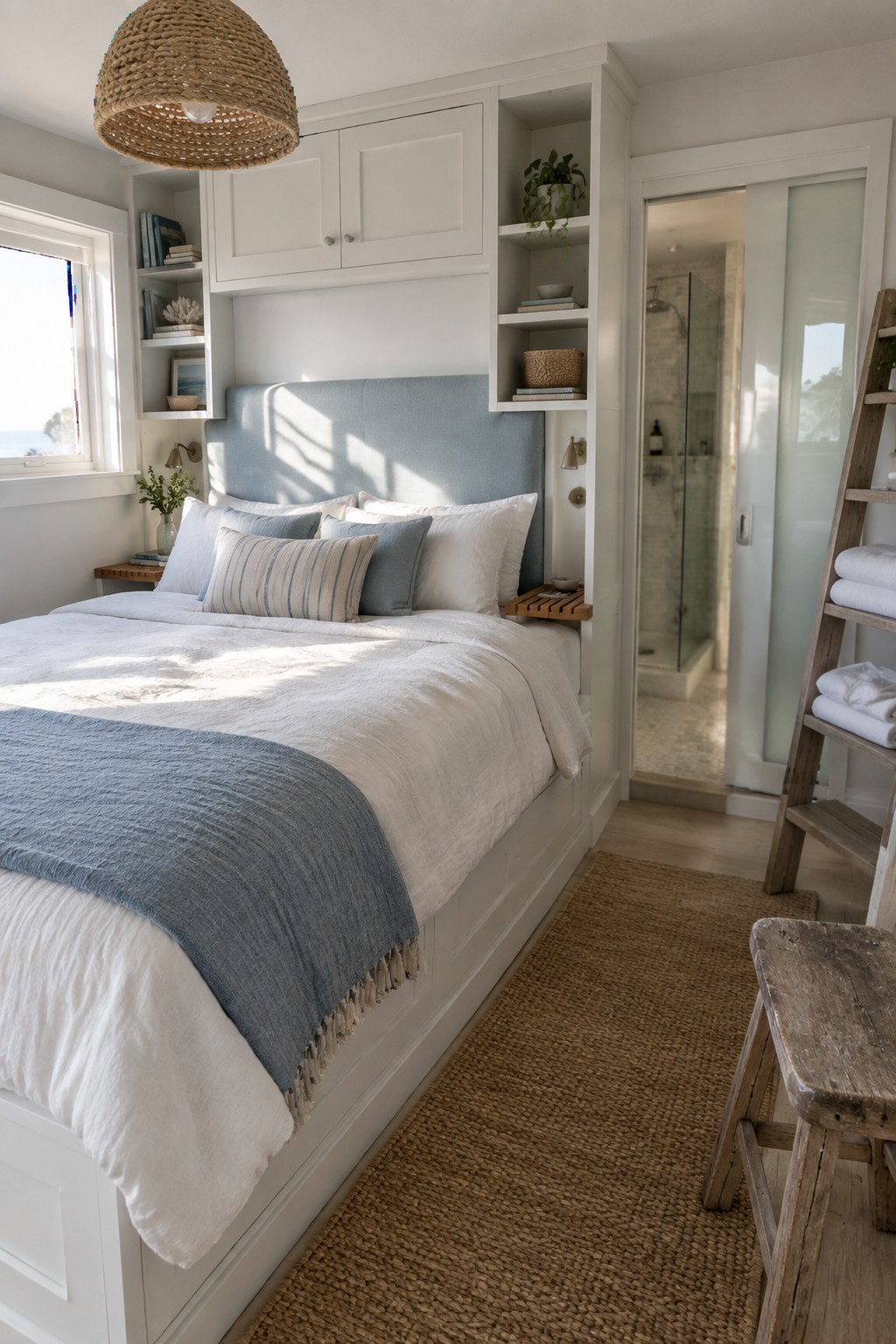 A bedroom featuring a bed integrated into white built-in cabinetry with upper cabinets, side shelves, and a blue upholstered headboard, alongside a jute rug and open doorway to a bathroom.