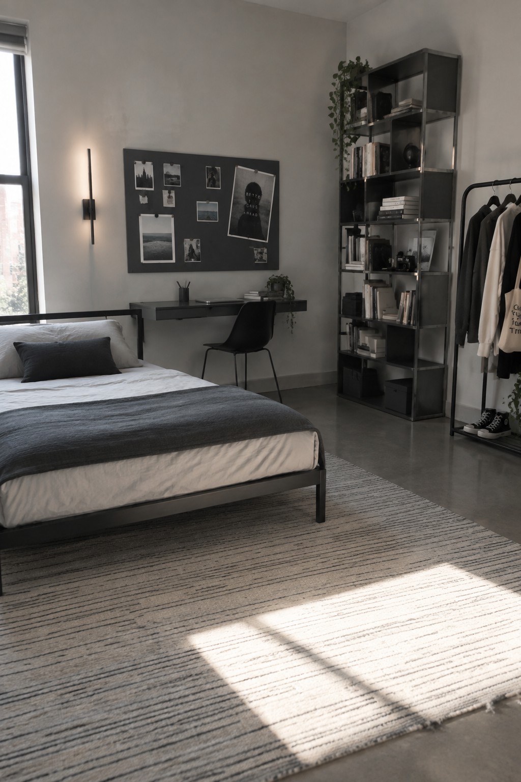 Modern bedroom interior with a low black metal bed frame, white and gray bedding, a floating wall desk with black chair, tall modular shelving unit, and a large area rug on concrete floor.