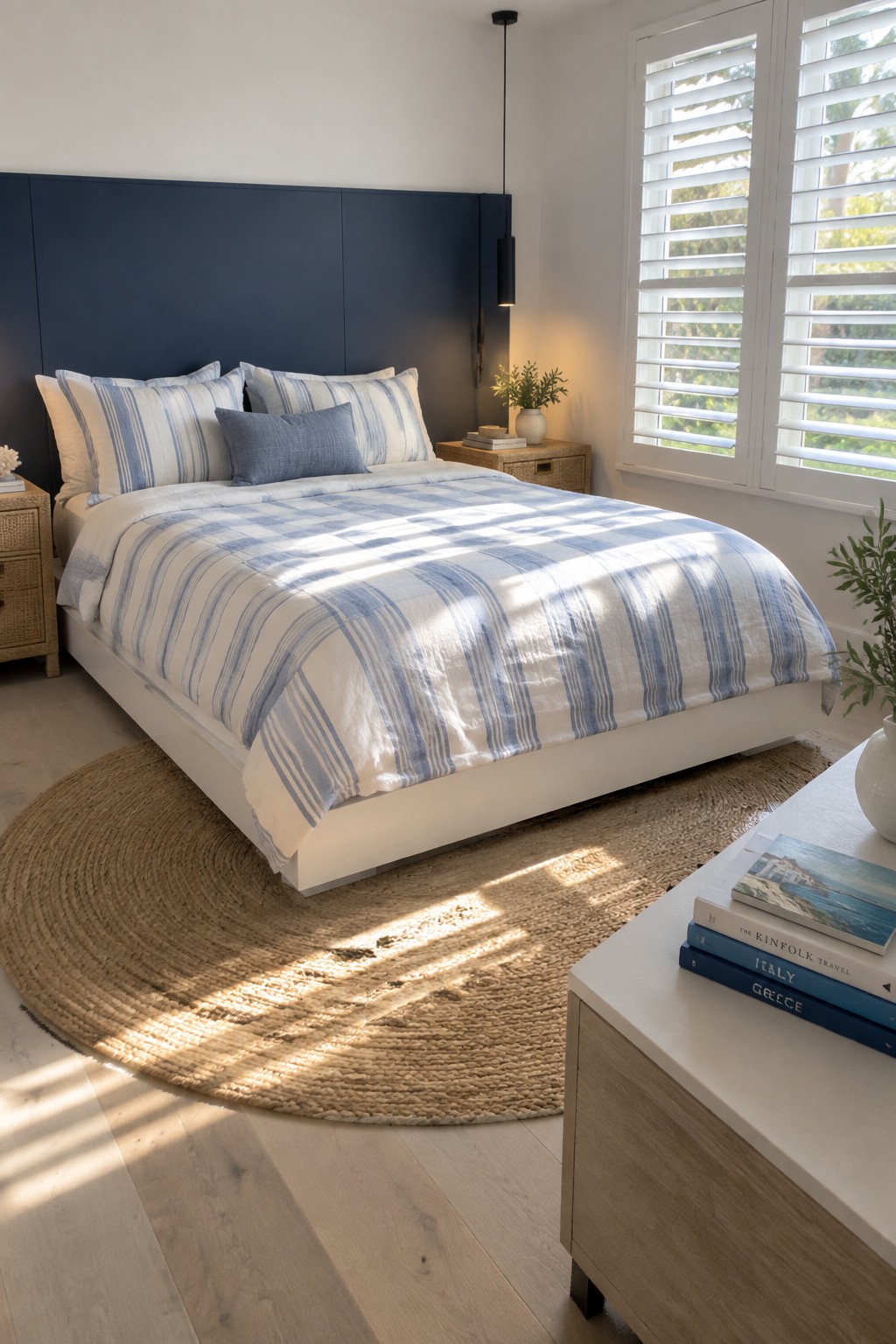A modern bedroom featuring a large dark blue headboard panel behind a white bed dressed in blue striped linen, with sunlight casting shadows across a round jute rug and light wood flooring.
