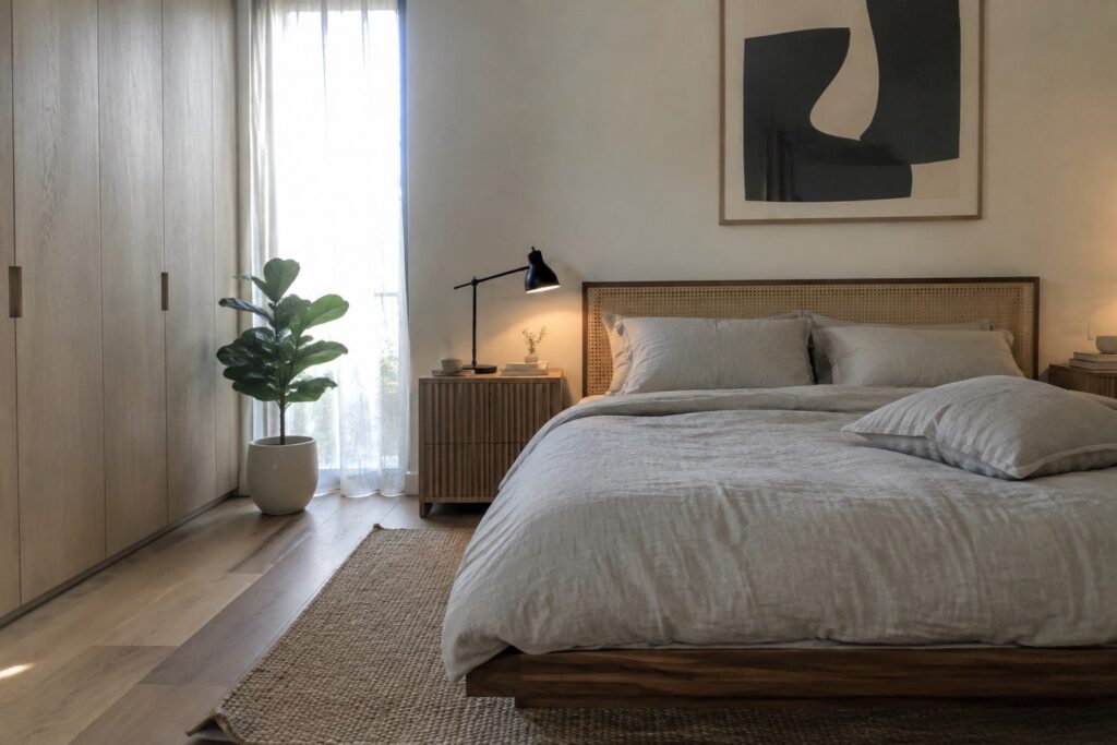 18 Modern Bedroom Furniture Ideas Built Around Clean-Lined Pieces A bedroom with a wooden bed frame and cane headboard, light gray linen bedding, a ribbed wood nightstand with a black lamp, a tall light wood wardrobe, and a potted fiddle leaf fig near a window with sheer curtains.