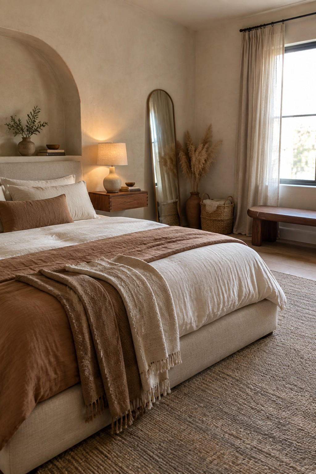 A modern bedroom with a large upholstered bed dressed in white and brown linens, a floating wooden nightstand holding a lamp and books, and an arched niche above the headboard.