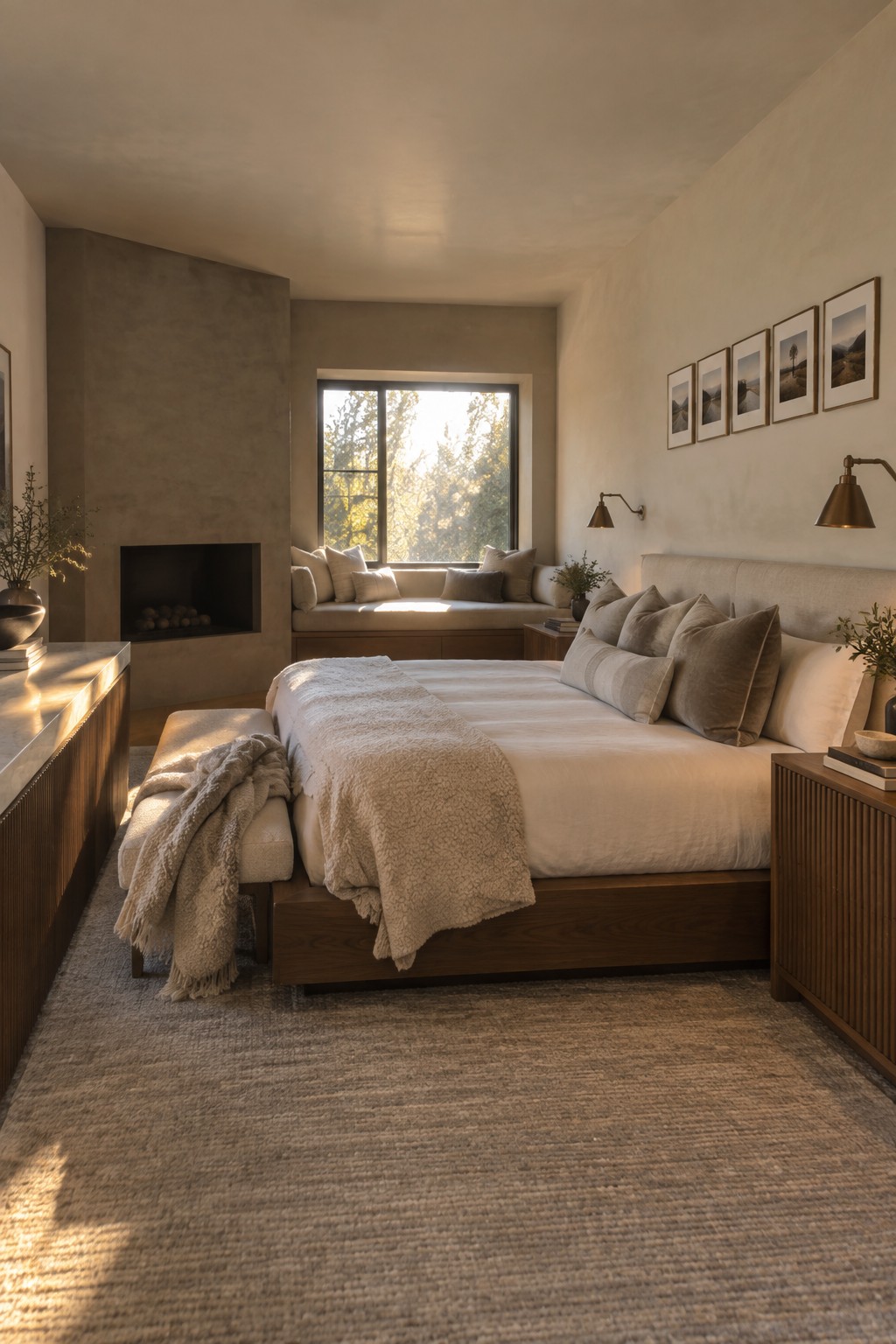 A modern bedroom featuring a low wooden platform bed with neutral bedding, a matching bench at the foot, wood nightstands, a window seat, and a recessed fireplace.
