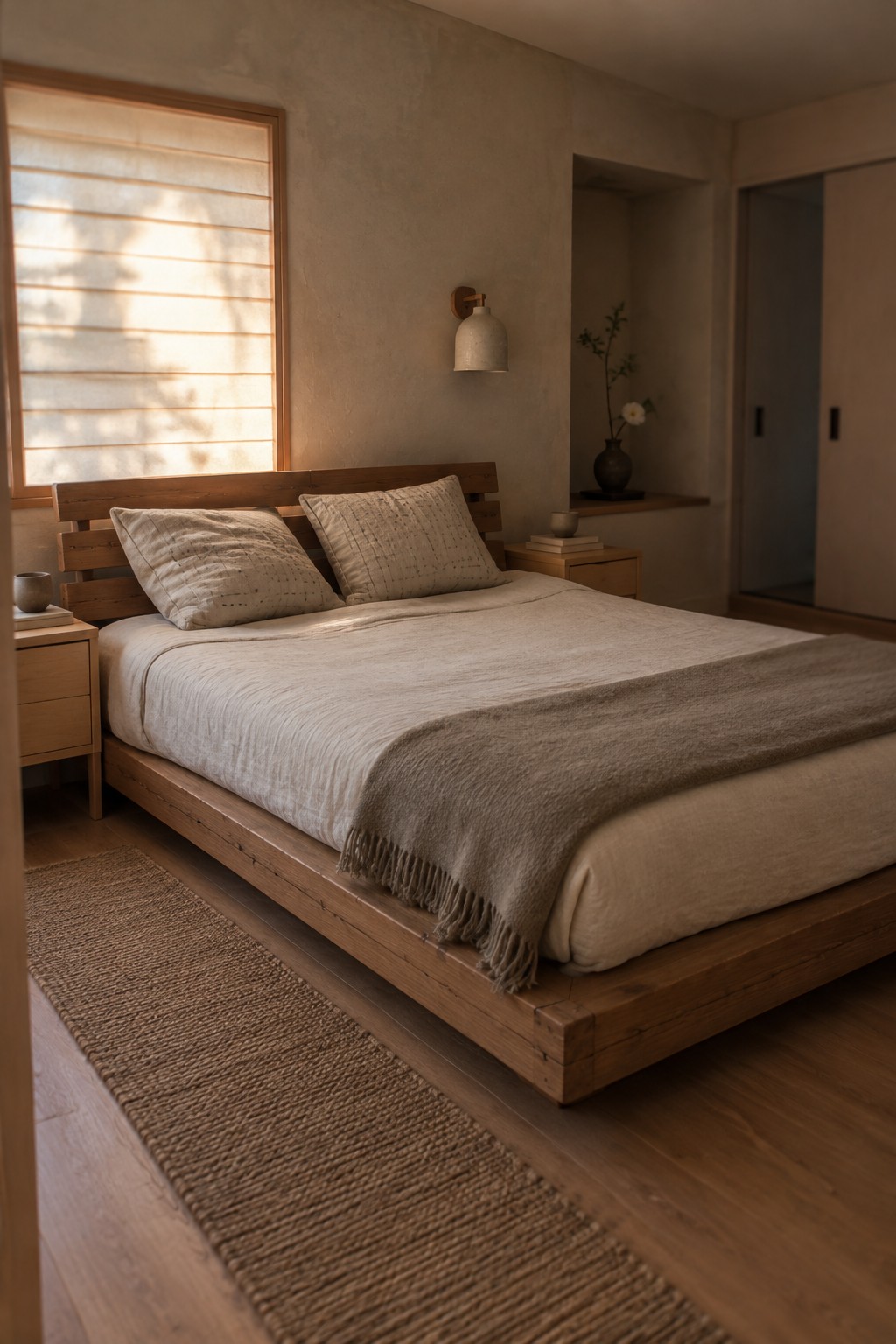 A modern bedroom with a low wooden platform bed, neutral linens, two pillows, a woven rug, and a window with blinds on the left.