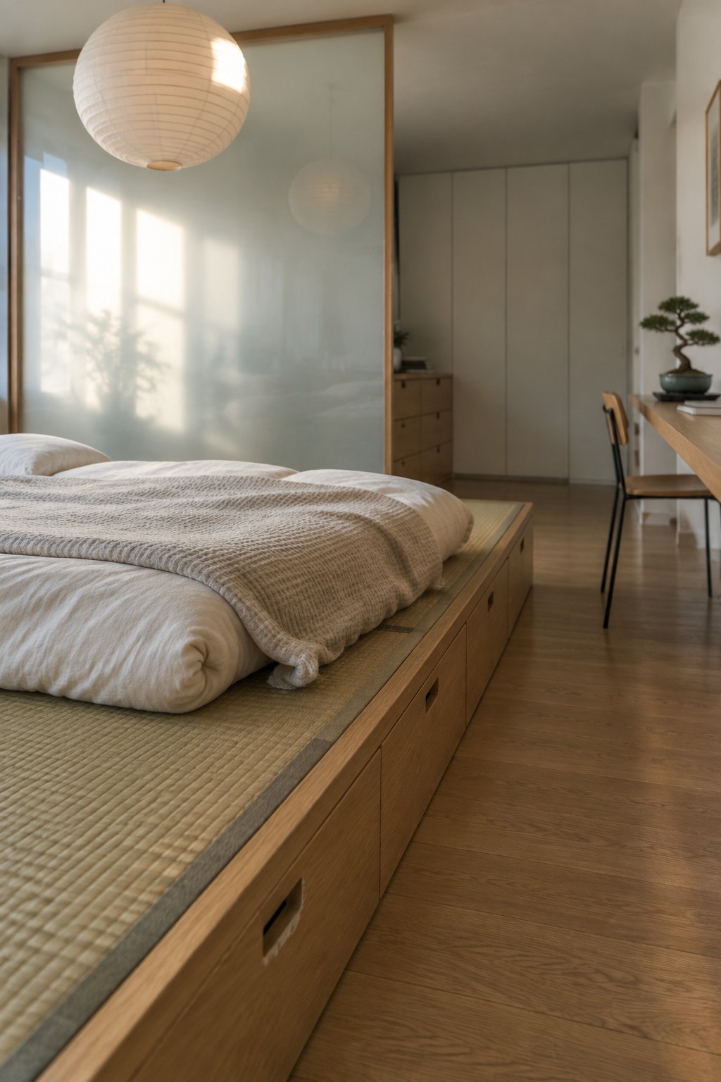 Sunlit minimalist bedroom with low tatami bed, paper lantern, and bonsai desk