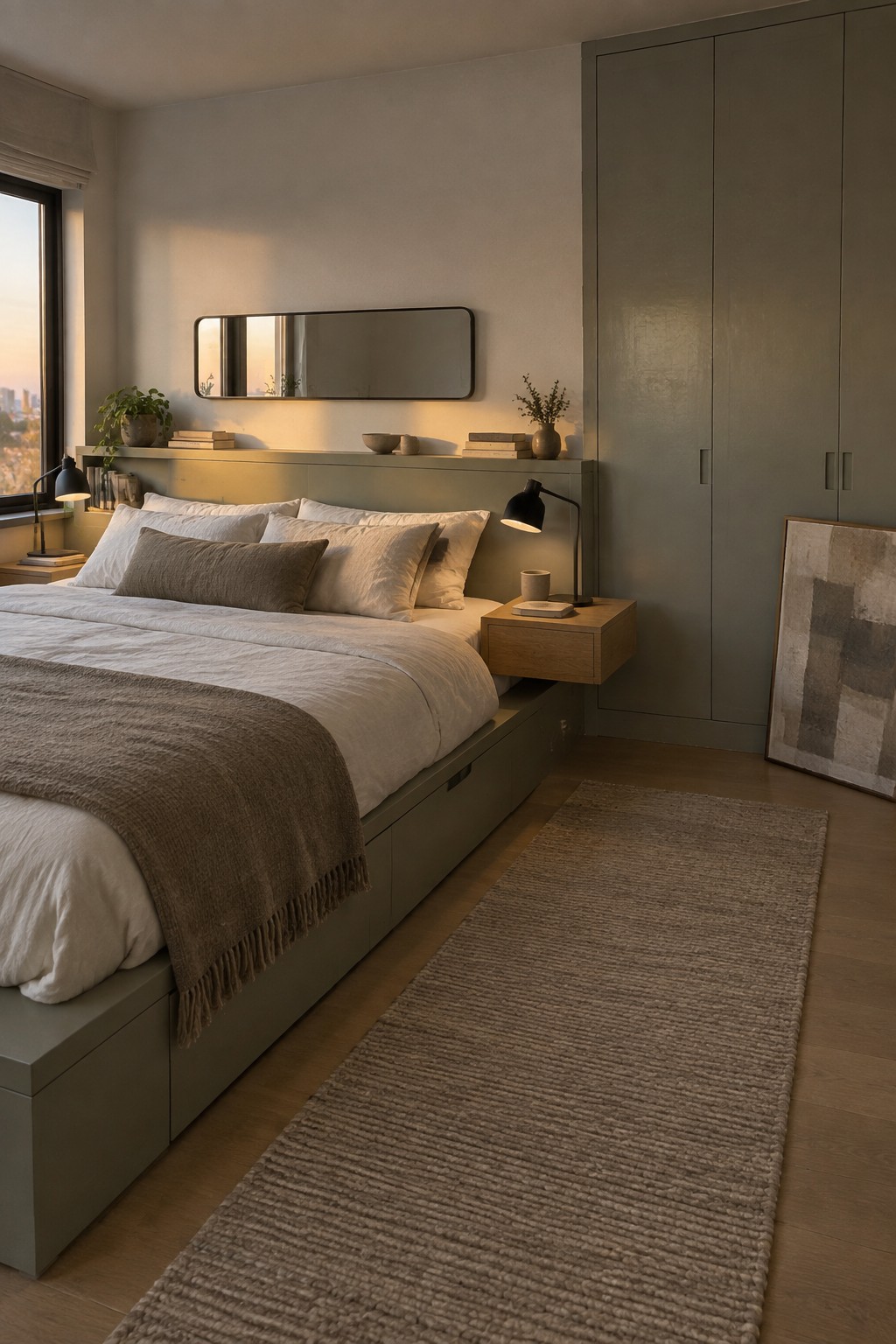 A modern bedroom with a low gray platform bed that has built-in storage drawers, white and brown bedding, a long wall shelf with integrated lighting, and a floating oak nightstand.