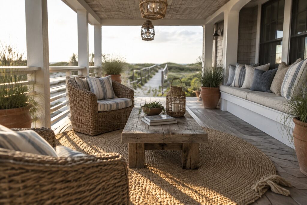 A covered porch with several natural wicker armchairs and a bench arranged around a wooden coffee table on a round jute rug, overlooking a path to the ocean.