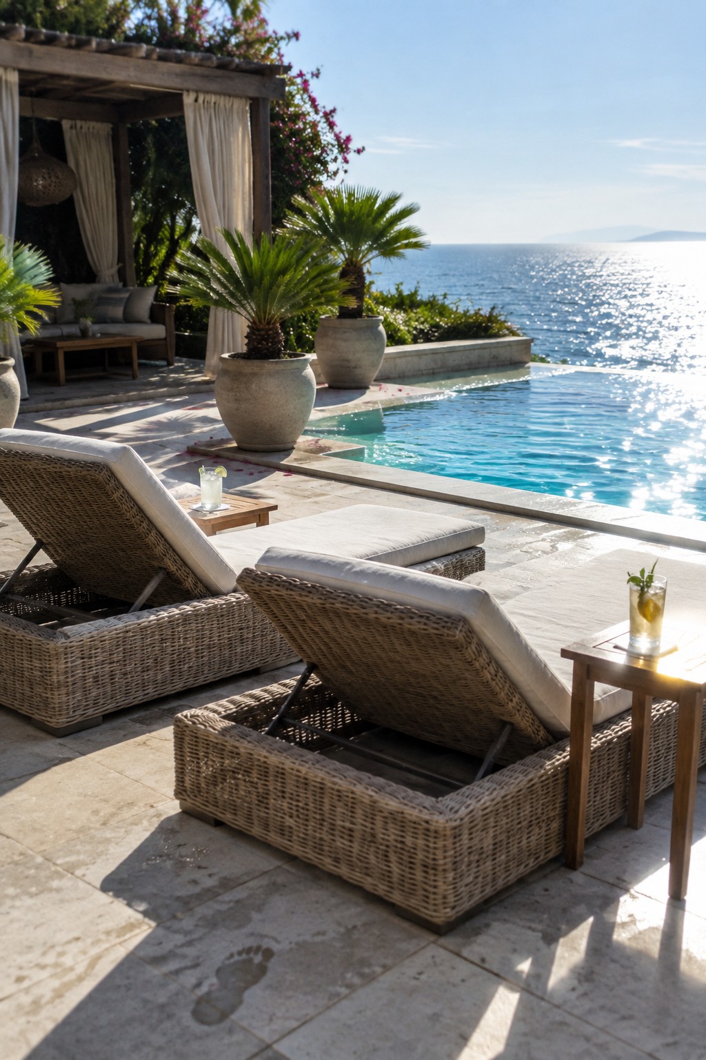 Two woven wicker lounge chairs with white cushions sit on a stone patio beside an infinity pool overlooking the ocean, with small wooden tables holding drinks.