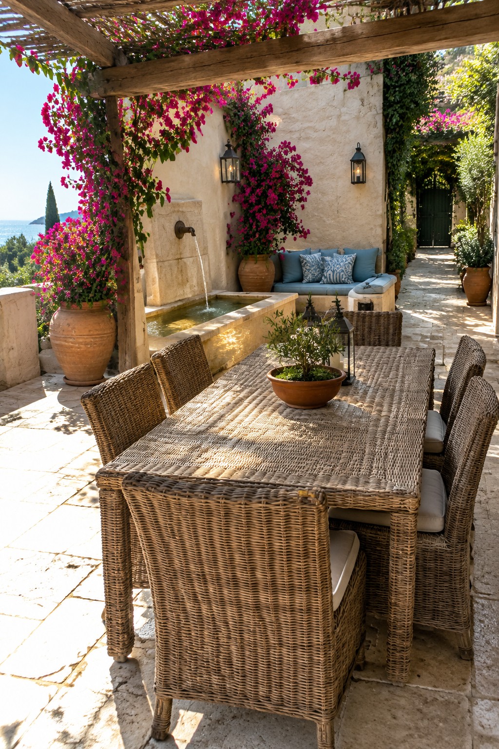 An outdoor patio dining area with a rectangular wicker table and six wicker chairs arranged under a wooden pergola with pink bougainvillea, next to a stone fountain and blue cushioned bench.