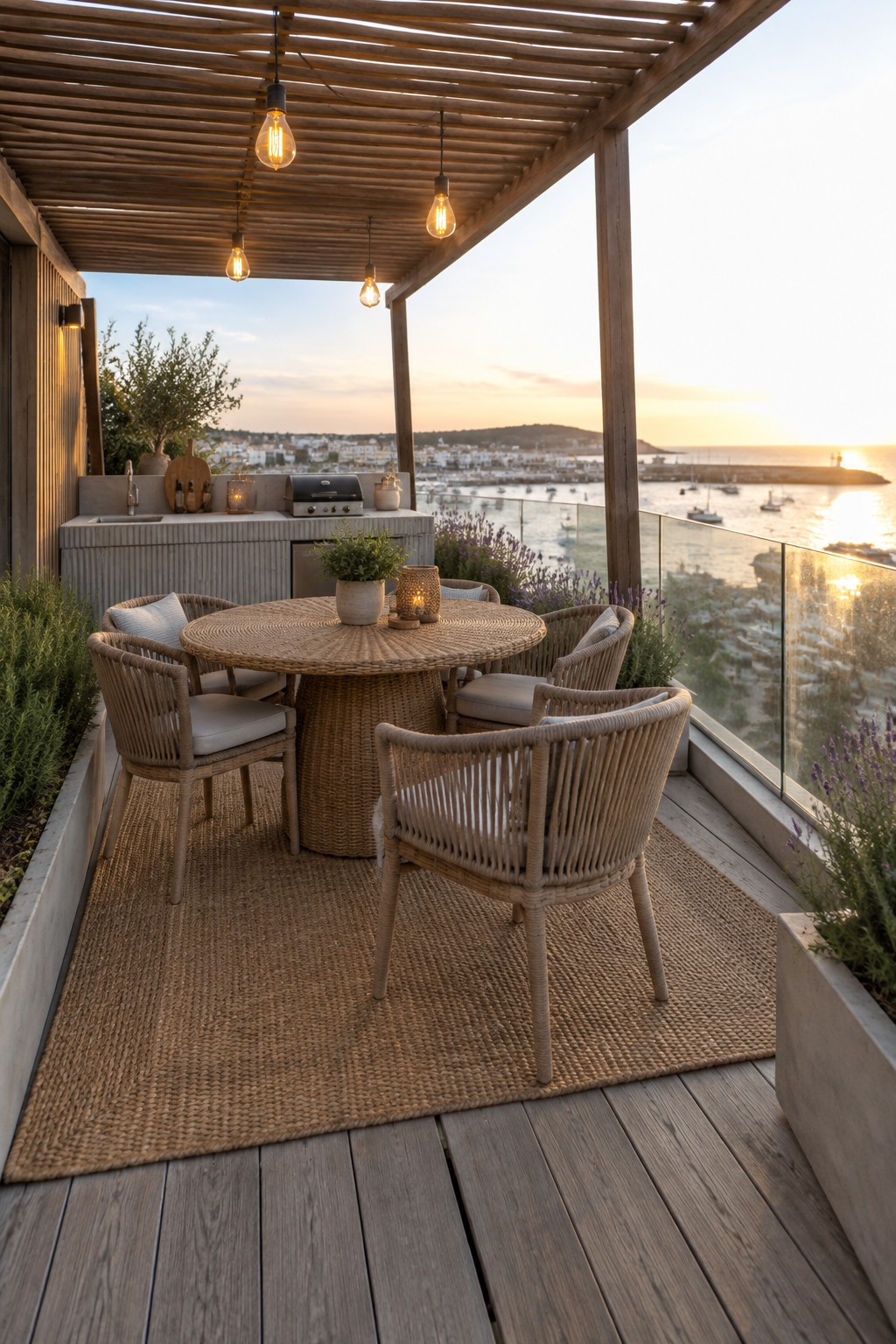 A coastal balcony with a round woven wicker dining table, four matching chairs on a large jute rug, and an outdoor kitchen area overlooking the sea at sunset.