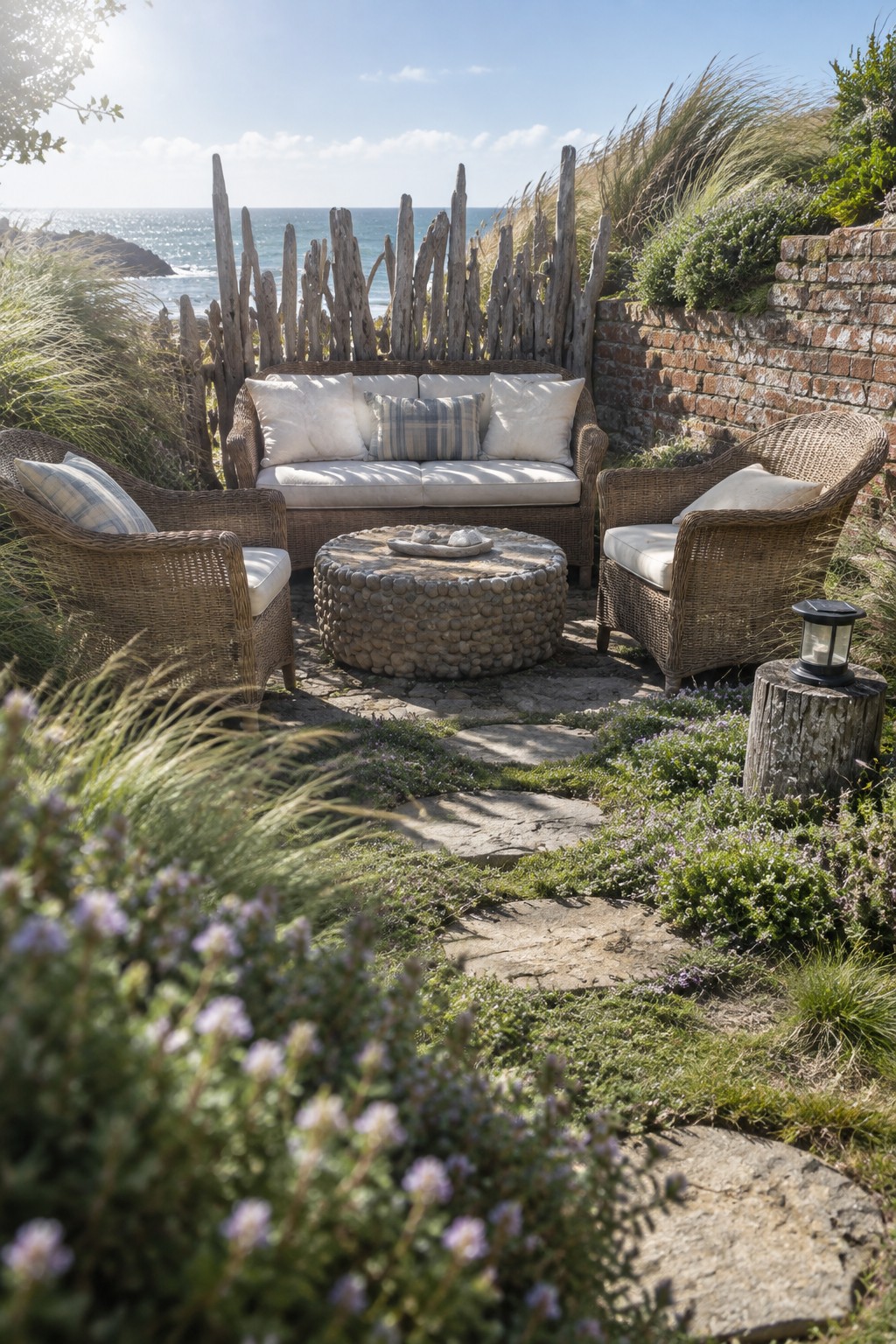 An outdoor seating area with a wicker sofa and two armchairs arranged around a round stone coffee table on a stone patio, backed by a driftwood fence with the ocean visible beyond.