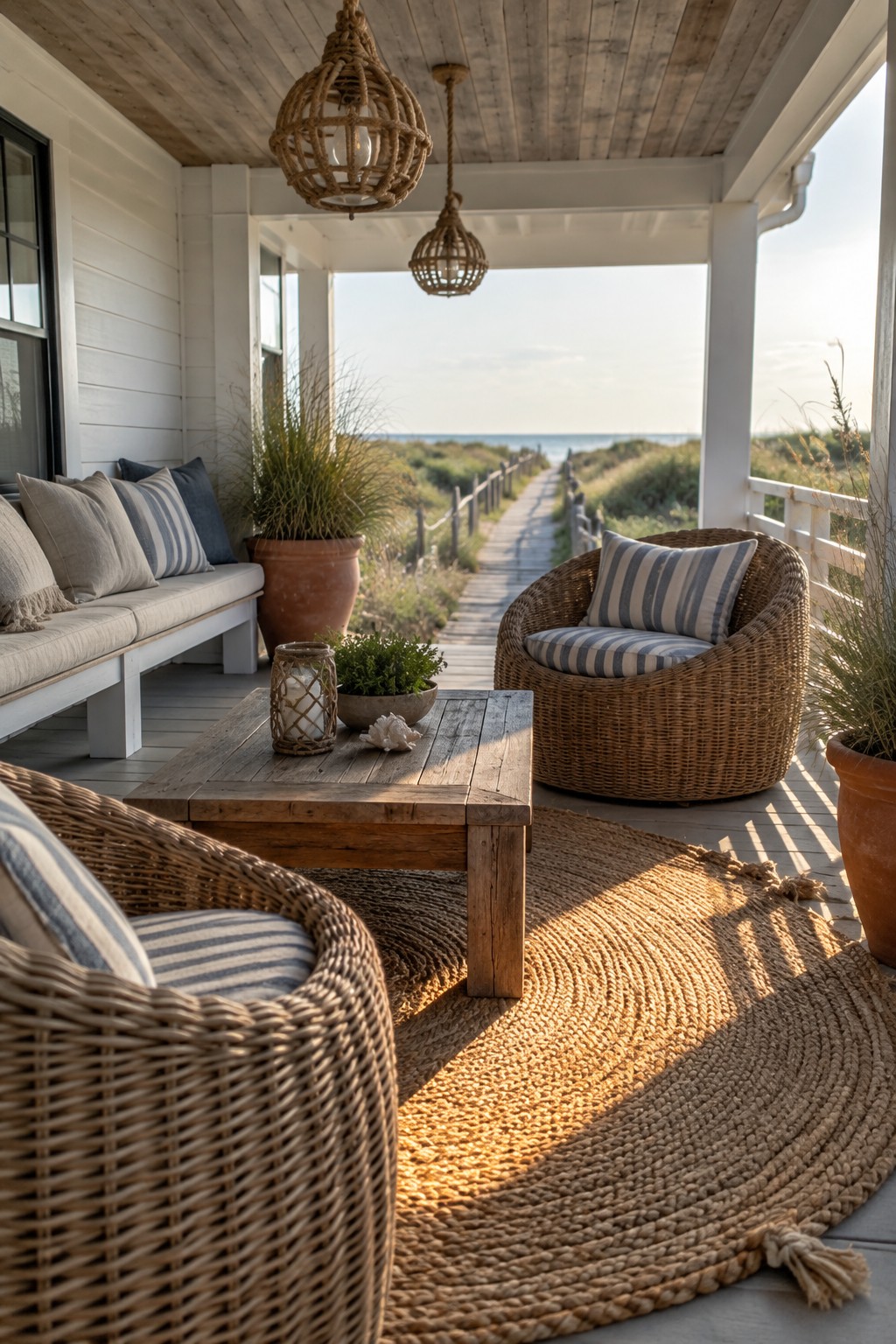 A covered porch with several natural wicker armchairs and a bench arranged around a wooden coffee table on a round jute rug, overlooking a path to the ocean.