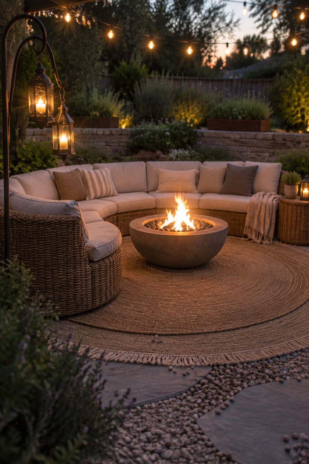 A curved outdoor sectional with light cushions and a wicker armchair sit around a round stone fire pit on a large woven rug, with two lit lanterns on a stand to the left.