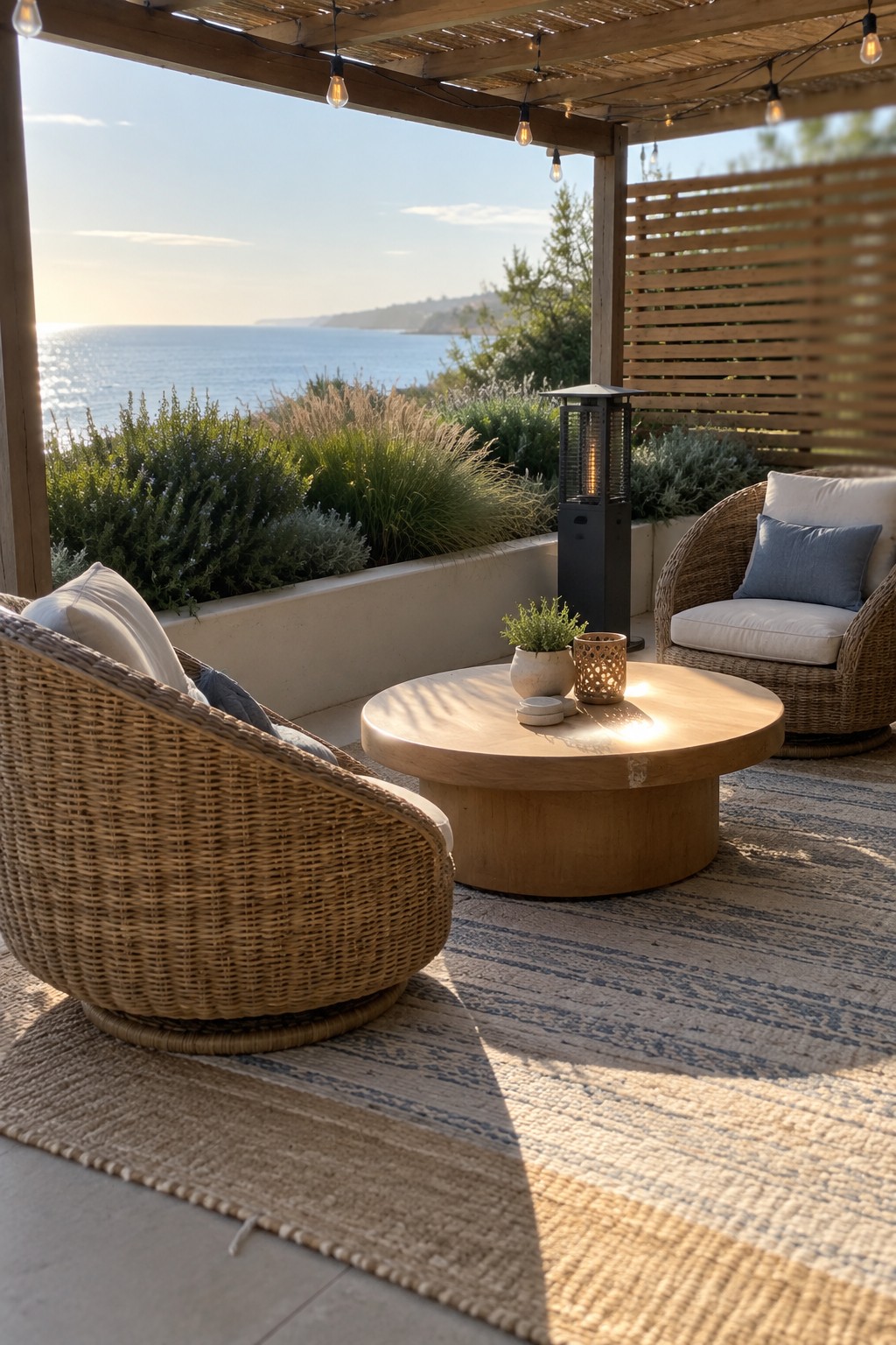 Two woven wicker armchairs and a round wooden coffee table sit on a striped rug under a wooden pergola with string lights, overlooking the ocean.