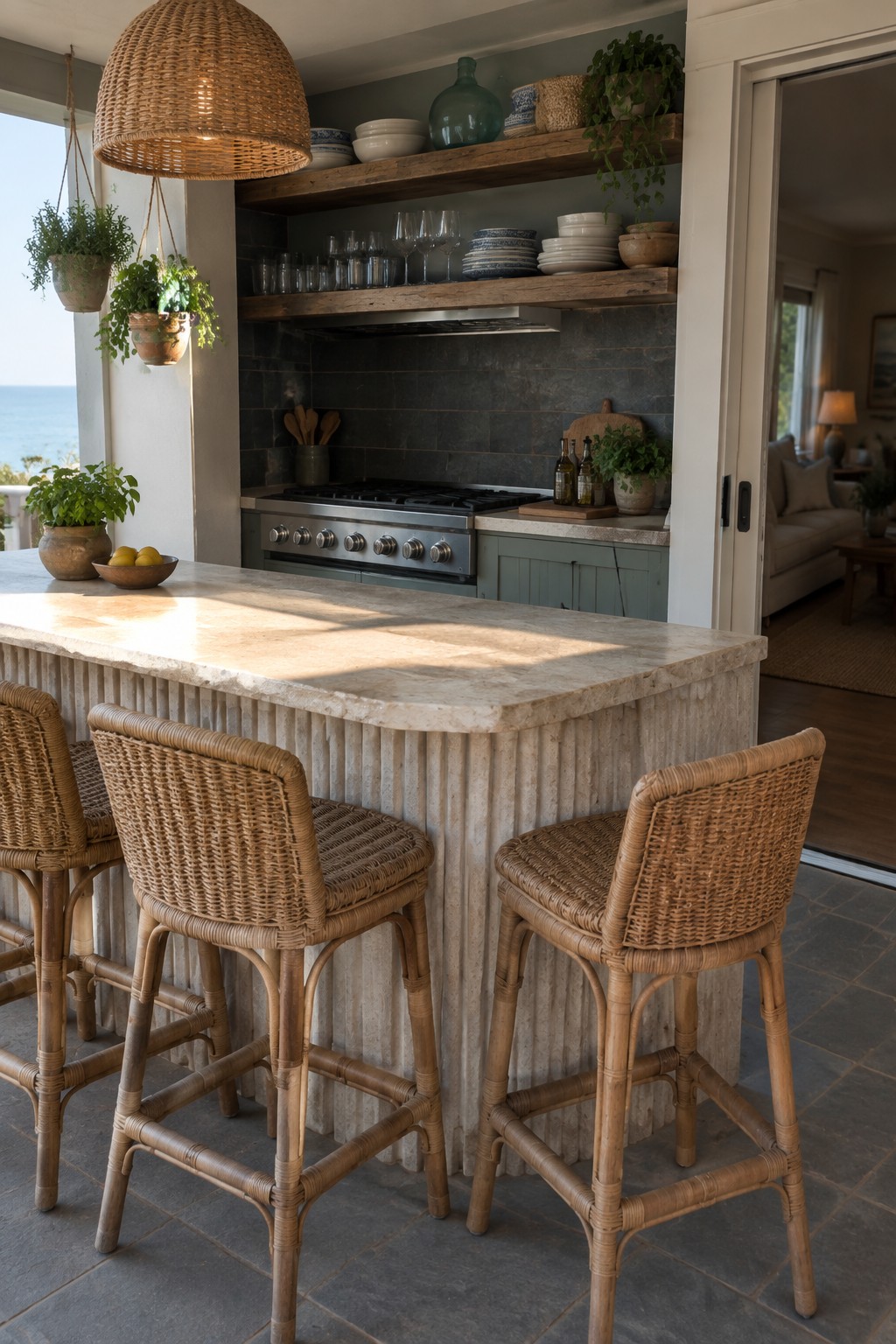 Coastal kitchen with stone island, rattan stools, open shelves, and ocean view.