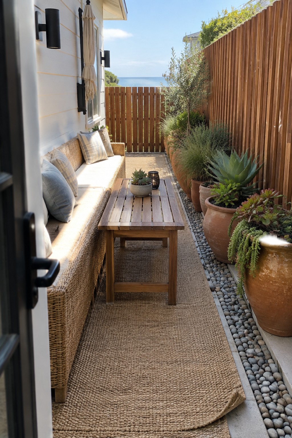 A narrow coastal patio features a long natural wicker bench with blue and white pillows against a white house wall, a wooden coffee table on a jute rug, and large terracotta pots with succulents beside a wooden fence with ocean view beyond.