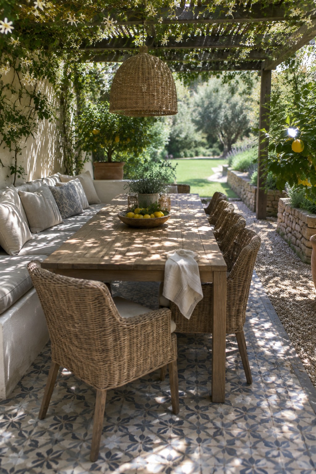 An outdoor dining patio with a long wooden table, multiple woven wicker armchairs, a built-in cushioned bench, and a bowl of lemons centered on the table under a vine-covered pergola.