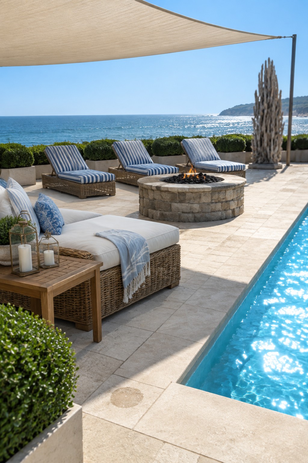 Patio with fire pit, striped loungers, daybed, and infinity pool by the sea