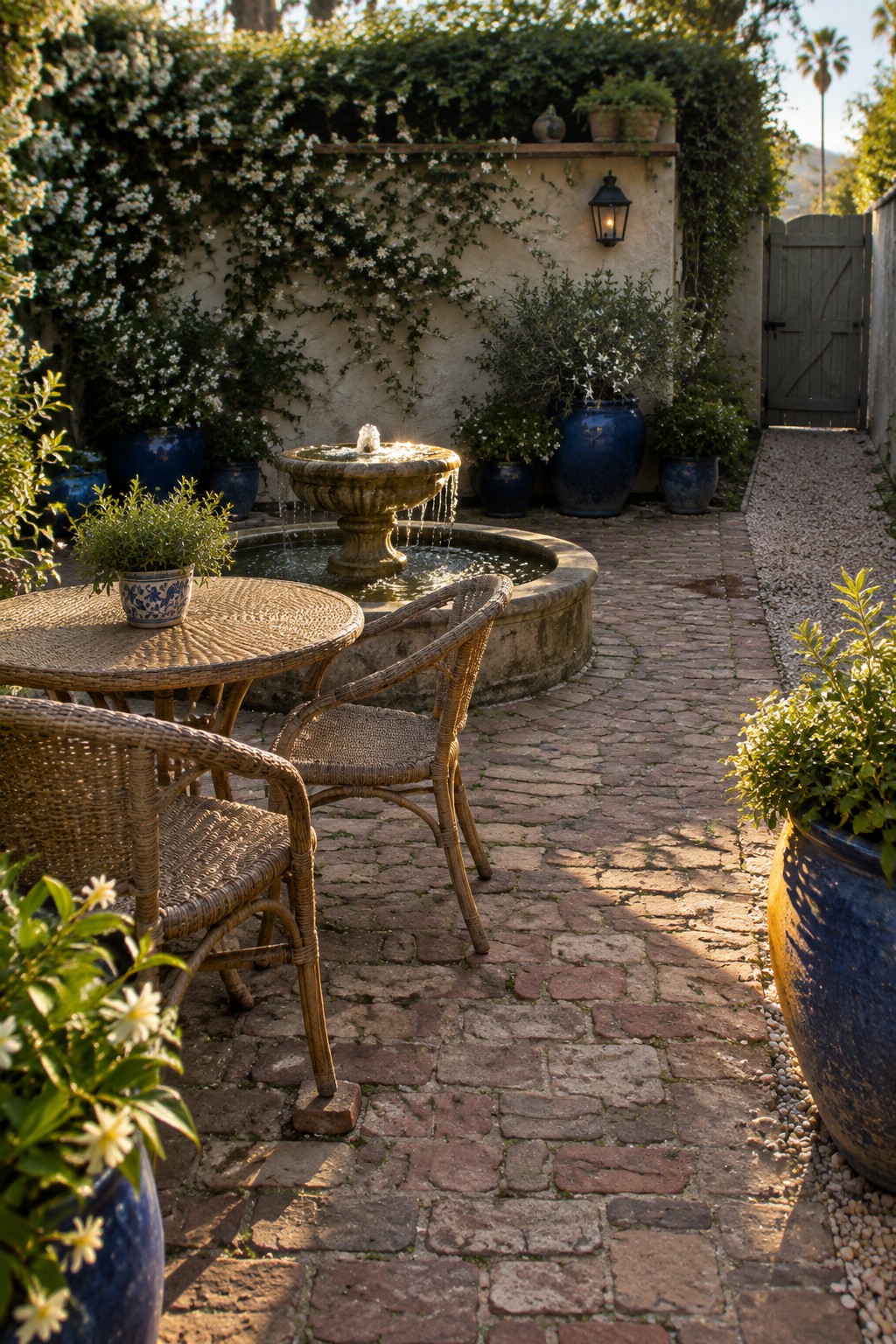 Outdoor patio with wicker table and chairs next to a stone fountain on a brick path, surrounded by potted plants and climbing vines.