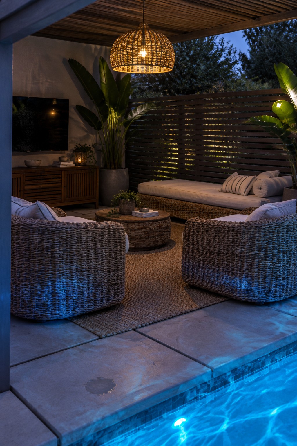 An outdoor patio at dusk with two woven wicker armchairs, a cushioned daybed, a round coffee table on a rug, potted plants, and a swimming pool under a wooden pergola with a hanging wicker light.